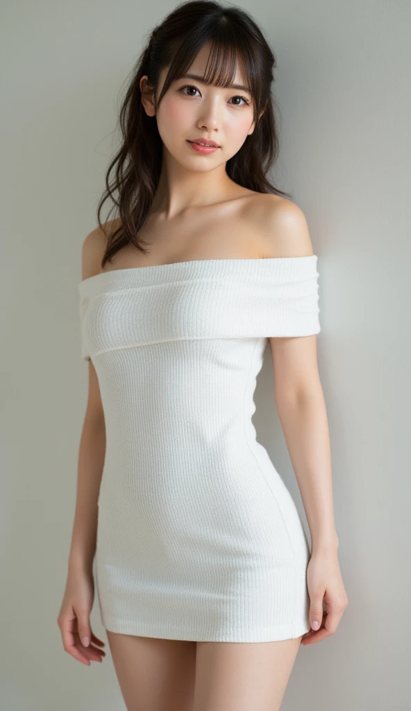 1girl, solo, strapless shorttubedress, white dress, see-through dress