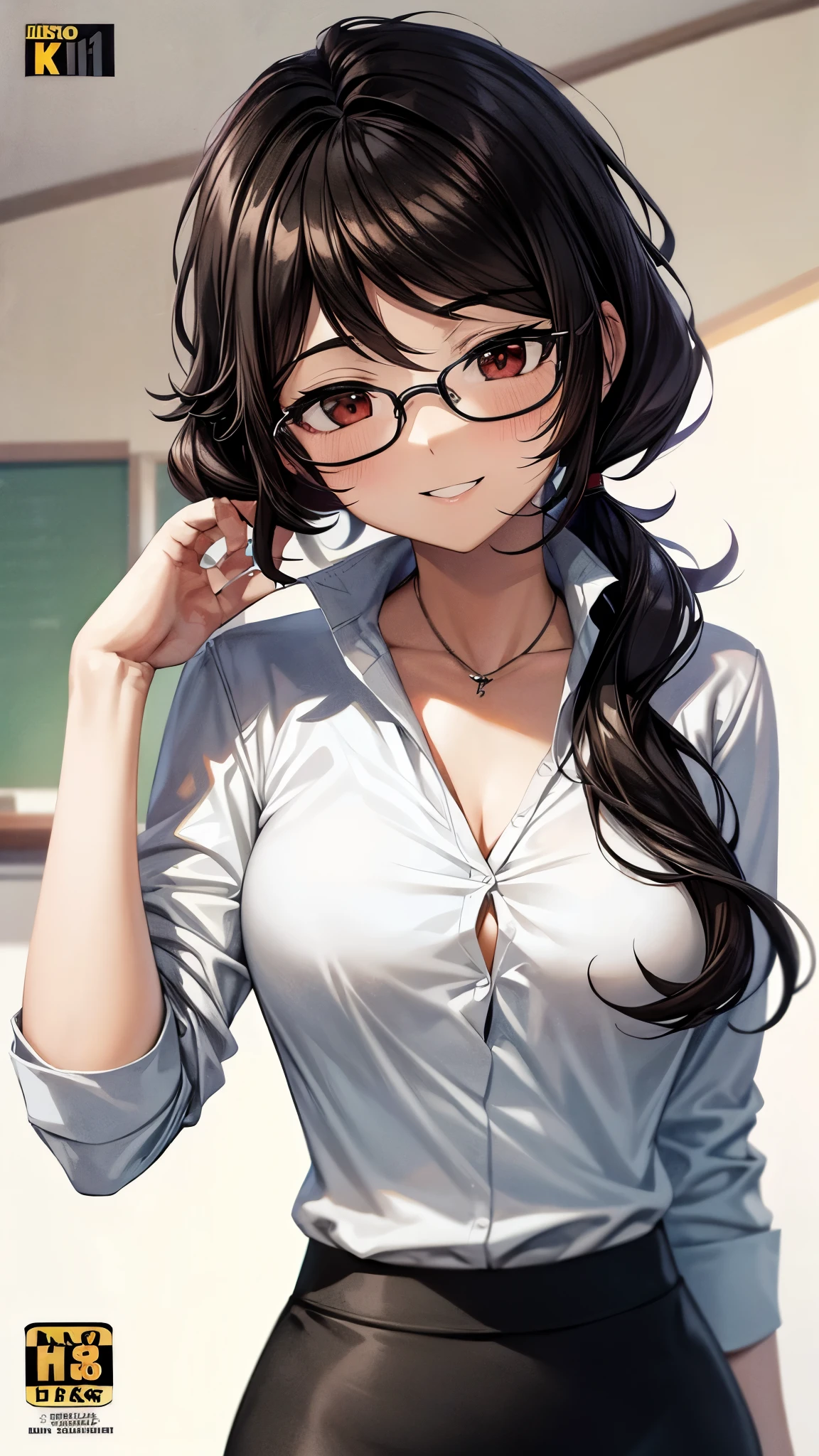 (masterpiece; best quality: 1.2), (finely detailed eyes: 1.3), ((25 year old woman)), ((solo)), (red eyes: 1.4), (body; gorgeous, lithe, femenine: 1.3), (black hair in low-ponytail: 1.3), (beautiful and clear background: 1.2), ((depth of field)), (equipment: white unbuttoned labcoat + black shirt + white tie + white pants + black square glasses: 1.3), (anime illustration: 1.2), (background composition; japanese highschool classroom + furniture: 1.1), (extremely fine and beautiful: 1.1), (shot composition; standing + centered on torso + close-up: 1.5), (expression; calm, smile: 1.2)