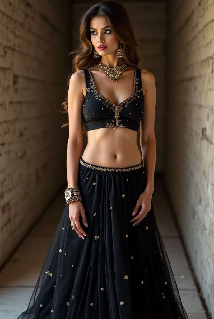 A (((beautiful girl dani daniels))) with (((long, flowing black hair))), dressed in a (((indian traditional chaniya choli))), featuring intricate designs and colors that match her skin tone, which is pale with black highlights. She's posed for a (((full body shot))), exuding a warm, inviting smile that captures the essence of a (professional photograph). The scene is set against a backdrop of (((softly glowing, white roses))), illustrating a sense of whimsy and elegance