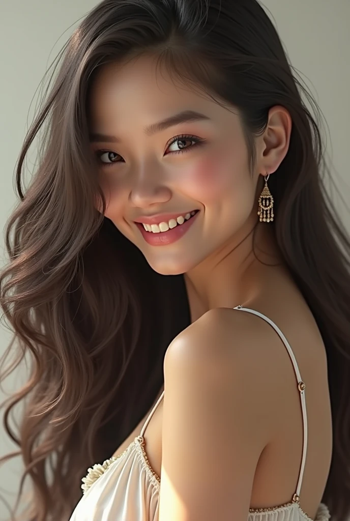 4k,best quality,masterpiece,20yo 1girl,(black suit and pants, t-sirt, alluring smile, head ornaments (Beautiful and detailed eyes)), Detailed face, detailed eyes, double eyelids ,thin face, real hands, muscular fit body, semi visible abs, ((short hair with long locks:1.2)), black hair, black background, real person, color splash style photo
