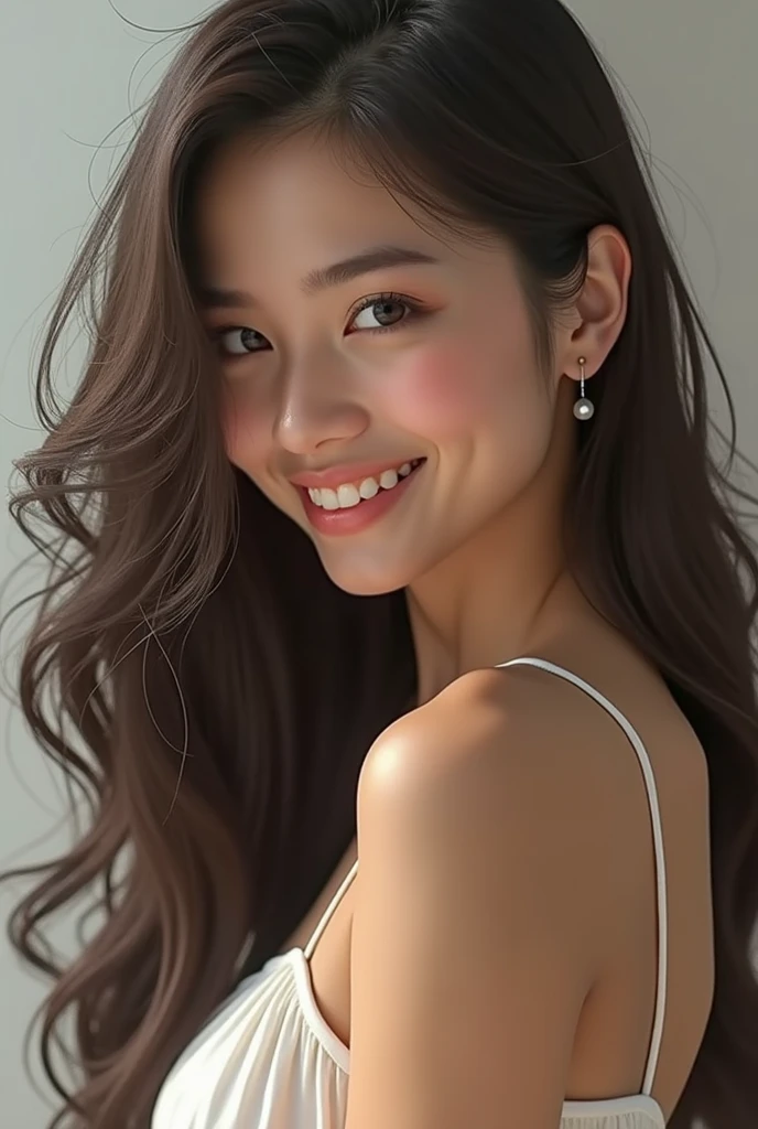 Beautiful detailed face、Pale skin、Realistic glowing skin、Detailed cloth texture、Detailed hair texture、Perfect body、Beautiful Face、correct、Anatomically correct、 Highly detailed face and skin texture、Natural neck length、(Beautiful Hands)、(Fair skin:1.2)、Thin legs、Thin legs、 BREAK 細かい目元、Symmetrical eyes、Light brown eyes、double eyelid、Thin eyebrows、(Glossy Lips:1.4)、((Gentle smile:1.2))、(blush:1.1)、 BREAK (Elegant and cute girl:1.3)、Medium-sized large breasts、(Slim body type:1.1)、Toned Abs、Beautiful clavicle、 (dark blonde、Wavy Hair、Long Hair:1.2)、 ((Asymmetrical bangs:1.2))、(Cowboy Shot:1.2)、Side view:0.65、