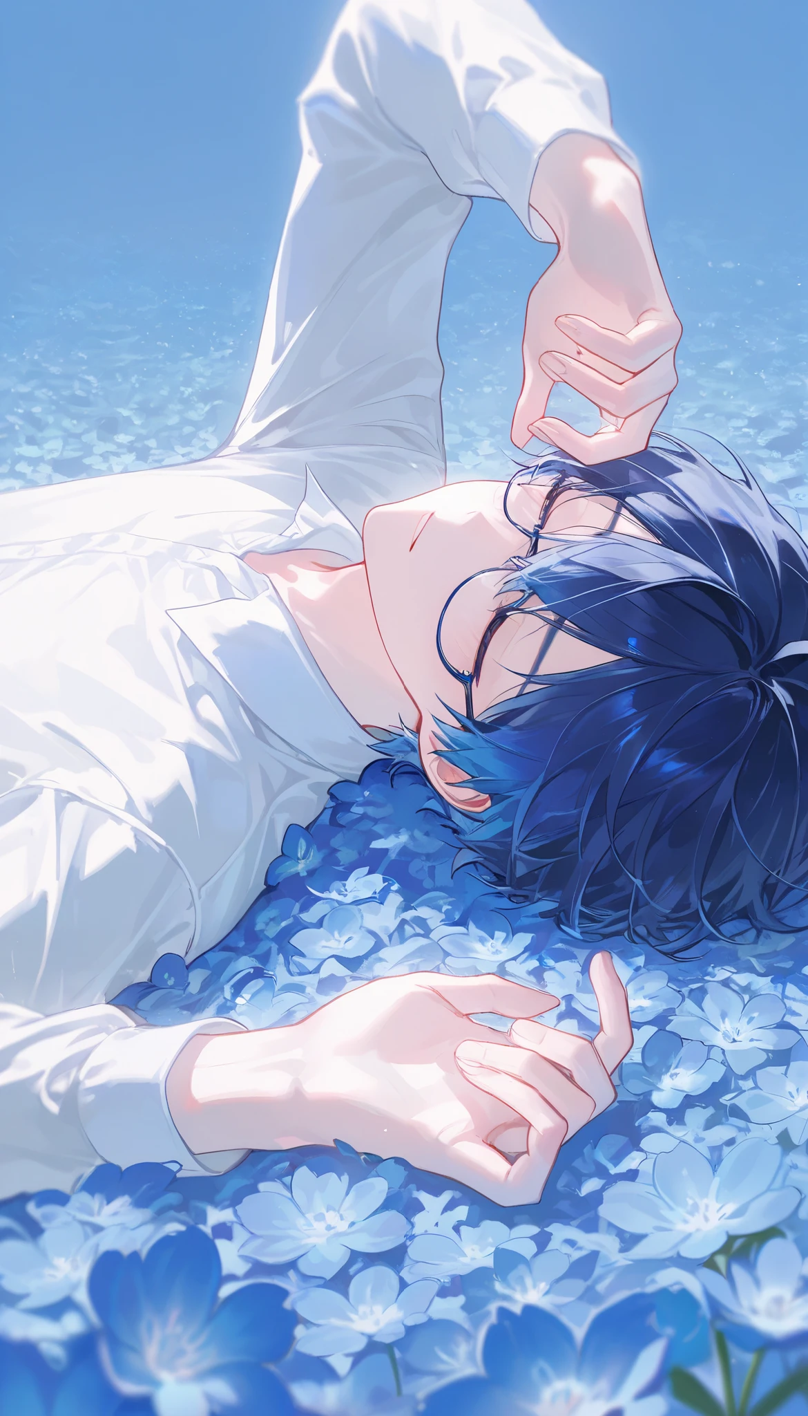 (1 man with short blue hair:1.4),((Blue flower field:1.4))、 the petals dance、 white shirt、Sunshine、 is sleeping、glasses、 zzz's sleeping symbol