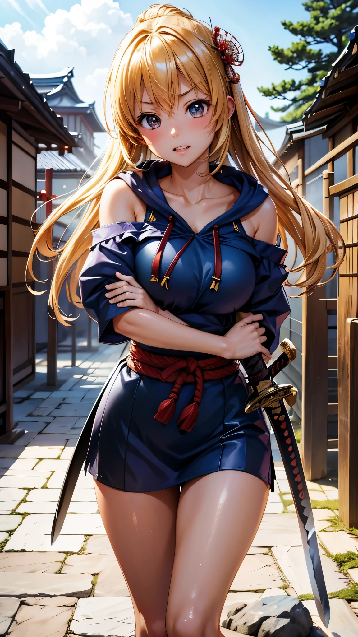 ( top quality)), ((masterpiece)), ( are familiar), Perfect face,  Shiny Skin, beautiful breasts, Kyoto animation style illustration,  Shiny Skin、 hoodie、  tanned skin  、sweat、 off the shoulder、Floral swimsuit、 double teeth
、 young、 big breasted with a cross eye、 Hug、hot spring、Dark Skin、close、Nearby、(((having Japanese sword、battoujyutsu)))、  knight 、 blond