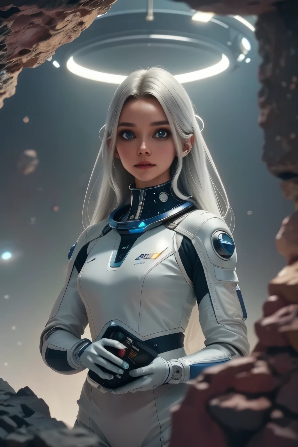 a futuristic space exploration scene, wearing a white spacesuit, beautiful detailed eyes, beautiful detailed lips, extremely detailed face, long eyelashes, astronaut holding a high-tech device, advanced alien spacecraft in the background, floating rocks and debris, colorful nebula, digital art, cinematic lighting, vibrant colors, dramatic atmosphere, highly detailed, 8k, photorealistic, concept art style