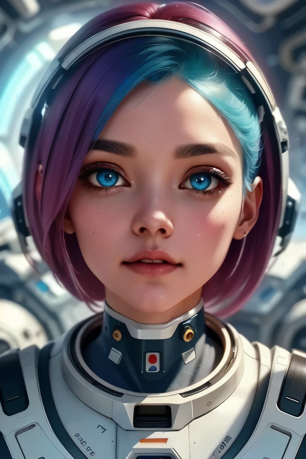 a futuristic space exploration scene, wearing a white spacesuit, beautiful detailed eyes, beautiful detailed lips, extremely detailed face, long eyelashes, astronaut holding a high-tech device, advanced alien spacecraft in the background, floating rocks and debris, colorful nebula, digital art, cinematic lighting, vibrant colors, dramatic atmosphere, highly detailed, 8k, photorealistic, concept art style