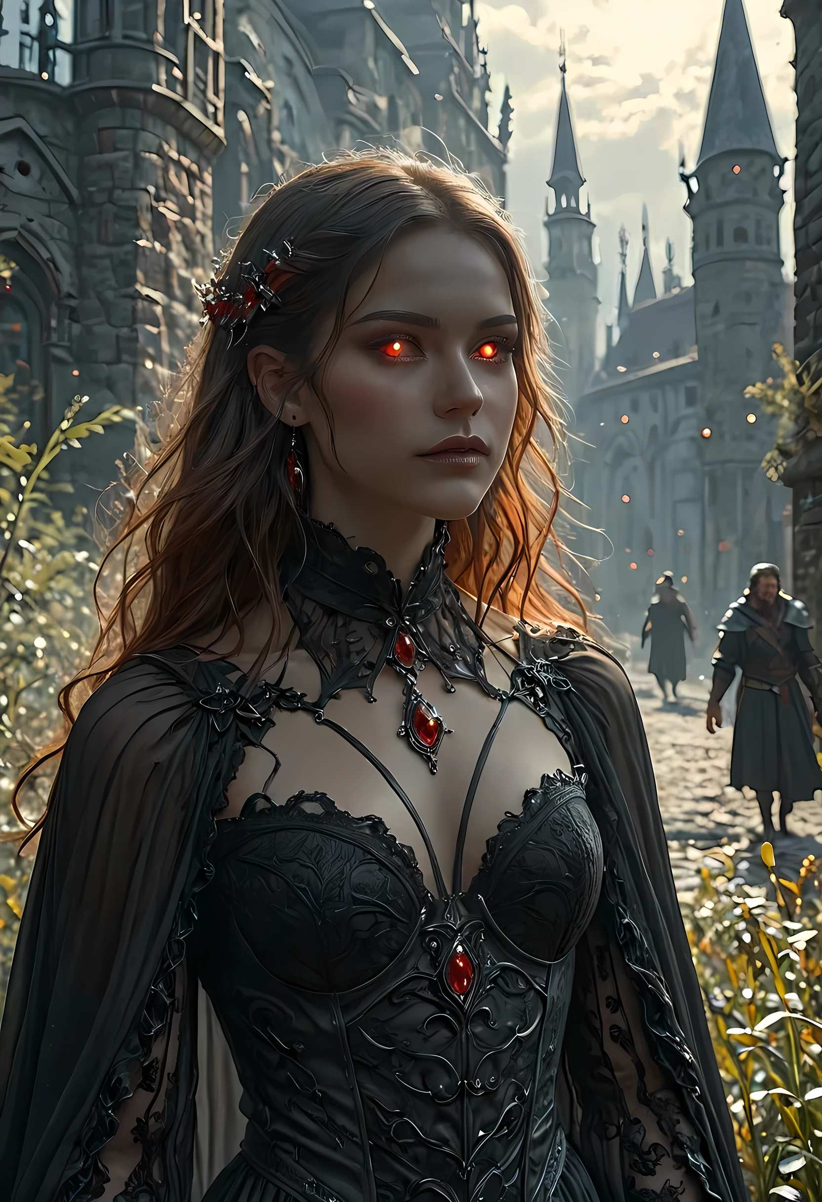 dark fantasy art, a picture of a fantasy, a beautiful female vampire, best detailed face,  pale skin, cobalt hair, glowing eyes, red eyes, wearing black dress, transparent fabric dress, goth dress, small cleavage, intricate dress, it is night time, the moon is in the sky, a sense of dread, soft light. moon rays. high details, best quality, 16k, [ultra detailed], masterpiece, best quality, (extremely detailed), close up, ultra wide shot, photorealistic, RAW, fantasy art, dnd art, fantasy art, realistic art,((best quality)), ((masterpiece)), (detailed), perfect face, fantasy, vampyfangs1