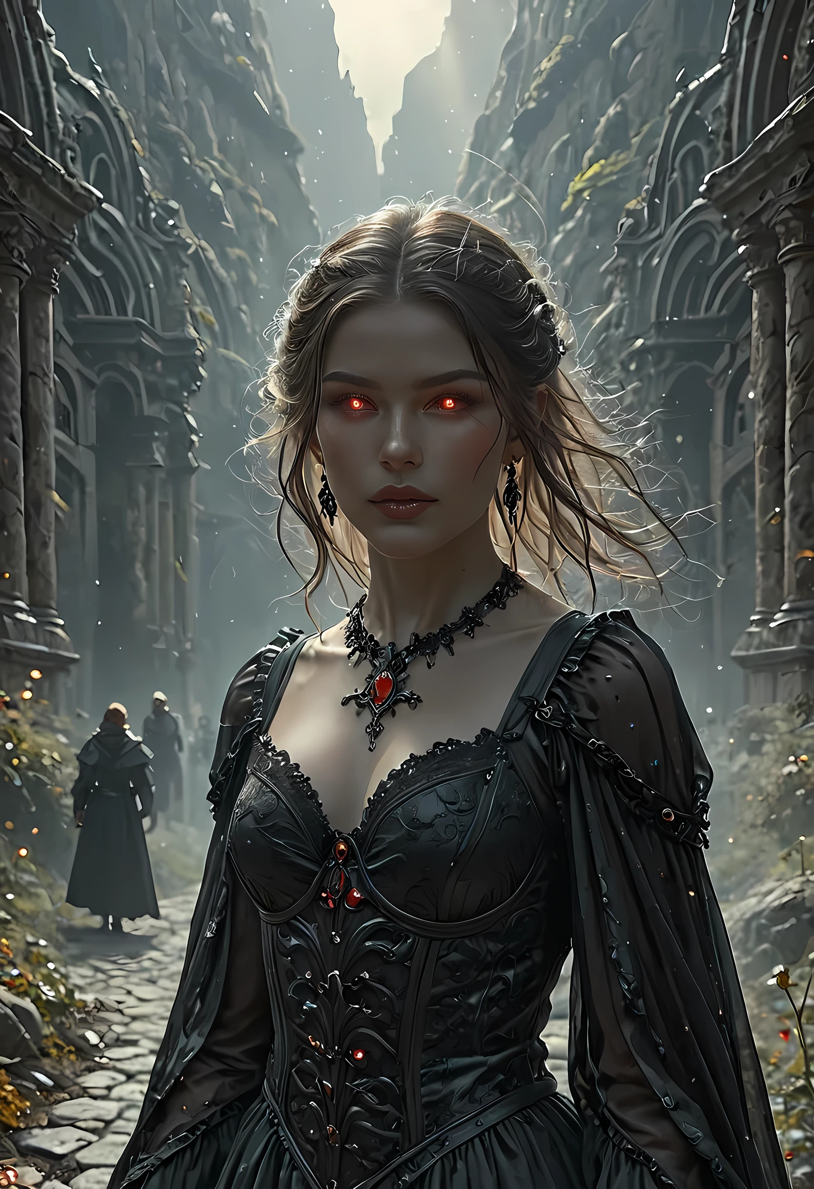 dark fantasy art, a picture of a fantasy, a beautiful female vampire, best detailed face,  pale skin, cobalt hair, glowing eyes, red eyes, wearing black dress, transparent fabric dress, goth dress, small cleavage, intricate dress, it is night time, the moon is in the sky, a sense of dread, soft light. moon rays. high details, best quality, 16k, [ultra detailed], masterpiece, best quality, (extremely detailed), close up, ultra wide shot, photorealistic, RAW, fantasy art, dnd art, fantasy art, realistic art,((best quality)), ((masterpiece)), (detailed), perfect face, fantasy, vampyfangs1