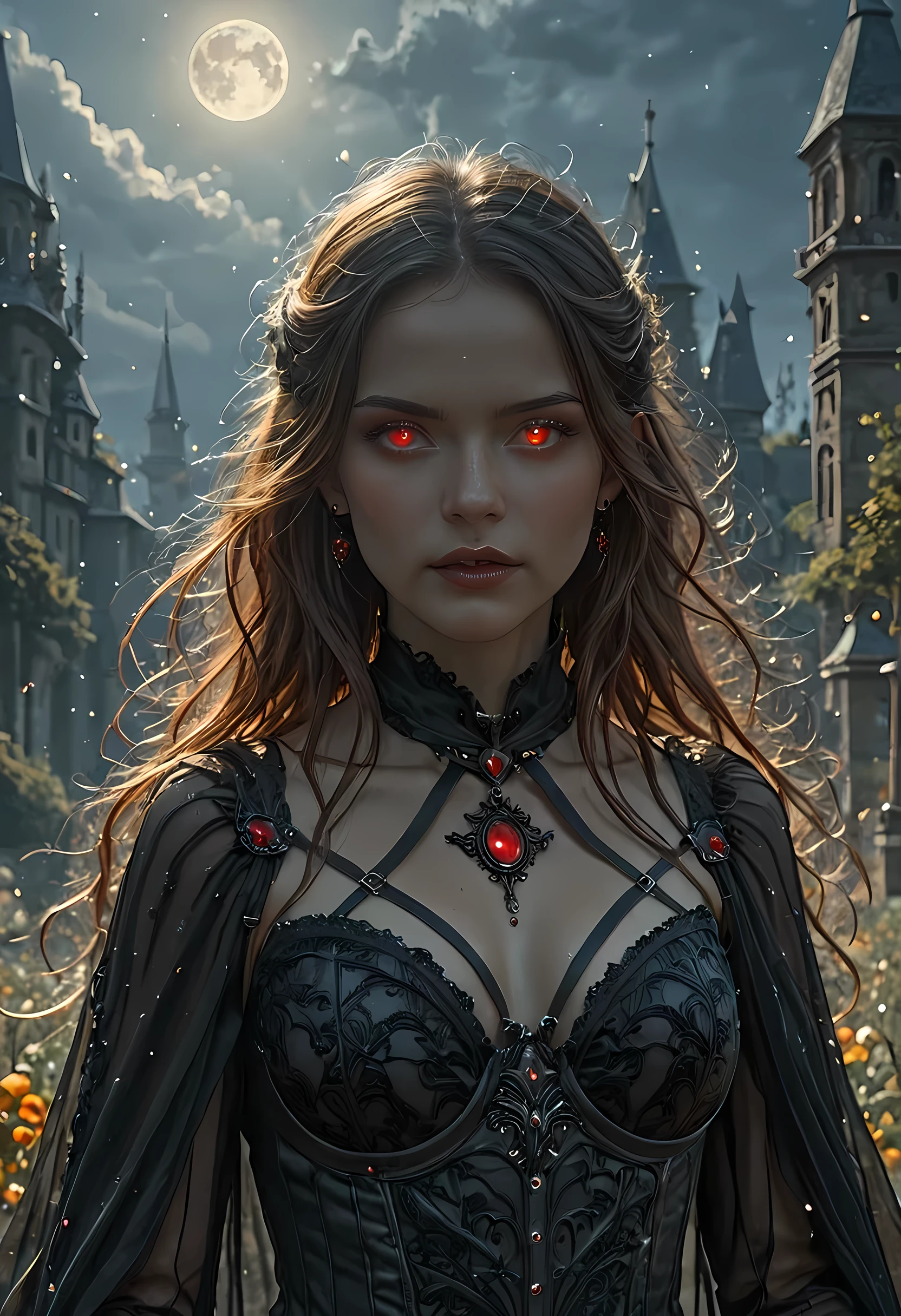 dark fantasy art, a picture of a fantasy, a beautiful female vampire, best detailed face,  pale skin, cobalt hair, glowing eyes, red eyes, wearing black dress, transparent fabric dress, goth dress, small cleavage, intricate dress, it is night time, the moon is in the sky, a sense of dread, soft light. moon rays. high details, best quality, 16k, [ultra detailed], masterpiece, best quality, (extremely detailed), close up, ultra wide shot, photorealistic, RAW, fantasy art, dnd art, fantasy art, realistic art,((best quality)), ((masterpiece)), (detailed), perfect face, fantasy, vampyfangs1
