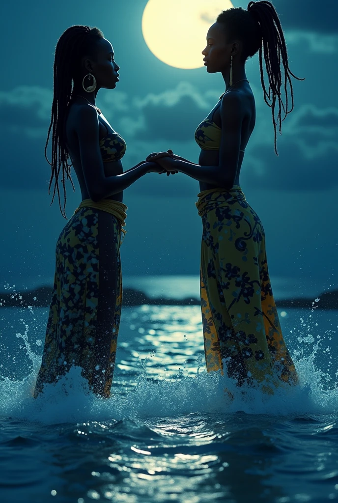 An African woman with orisa yemoja shells in her hair coming out of the sea meeting a woman dressed in white baiana