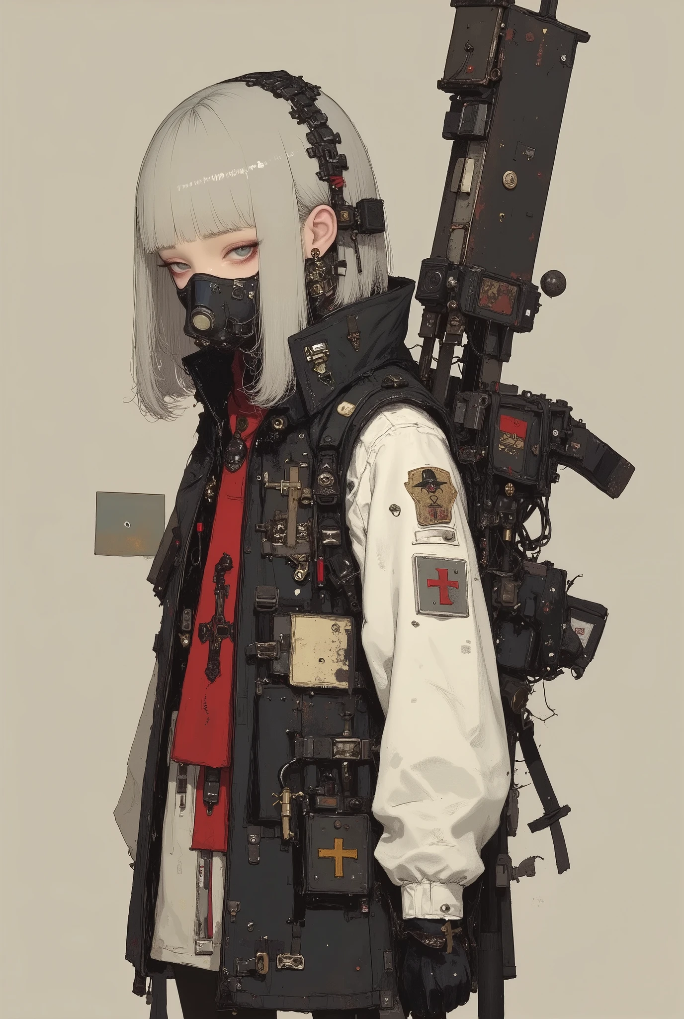 a man carrying a machine gun and a gun with both hands, of foot,full body,from side, winter,snow,science_fiction,cyberpunk boy,peel,long military coat,ammo belt, gas mask, bulletproof vest,cargo pants,glove,,camouflage,digital camouflage,bright eyes,red eyes,supermodel,muscular