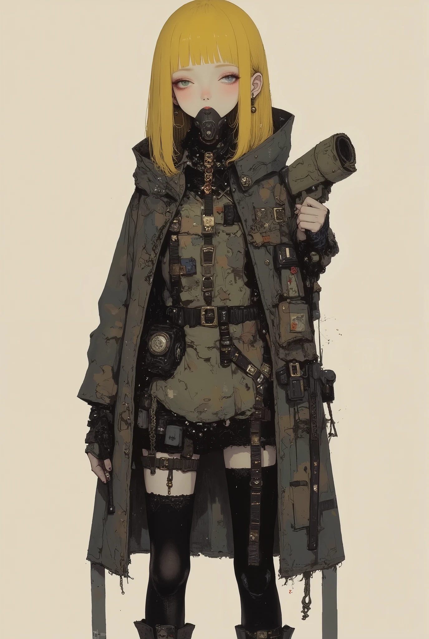 a man carrying a machine gun and a gun with both hands, of foot,full body,from side, winter,snow,science_fiction,cyberpunk boy,peel,long military coat,ammo belt, gas mask, bulletproof vest,cargo pants,glove,,camouflage,digital camouflage,bright eyes,red eyes,supermodel,muscular