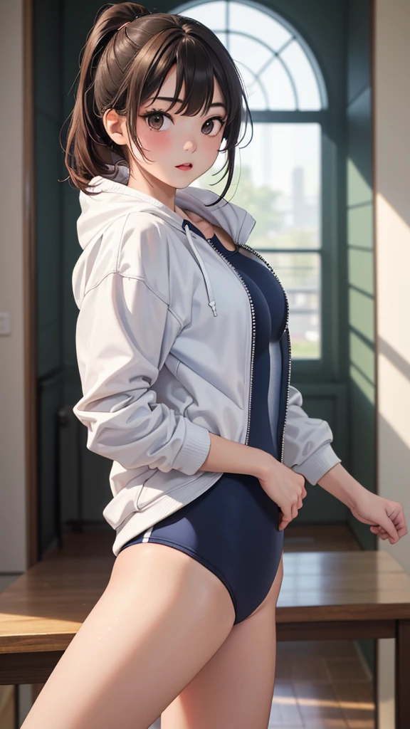 photo realistic, dynamic lighting, masterpiece, highres, hyper detailed, super detailed, best quality, 1 Girl, alone, running, Grey Track Top, Pink shorts, ponytail, Athletic build, Dynamic brushwork, ((Erect nipples under clothes))、((薄い生地の白いrunningシャツ))、Large Breasts、Small nipples、No bra、Textured shirt、Camel Toe、Fluid movement, Capture the essence of her athleticism and energy, Use bright and soft colors、Creates a dreamy and fantastical atmosphere, portraying the motion and grace of running, showing the wind blowing her ponytail and clothes, And the surrounding landscape.
Outdoor, Detailed Background, Modern metropolis, Saito Asuka、Yui Aragaki、Enako、Honda Tsubasa