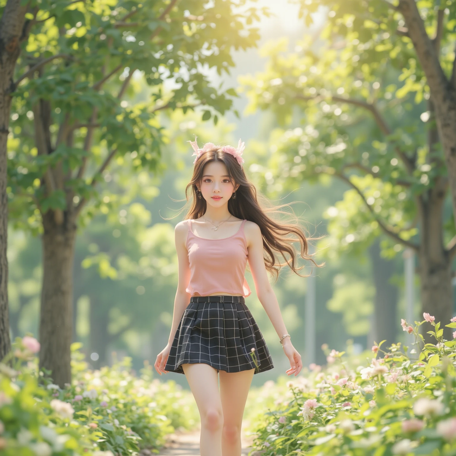 (masterpiece), 8k, RAW Photo, realistic, (photorealistic), high quality, solo, standing, short pants, female focus, outdoors, sky, scenery, (china city):1.1),((city street):1.5), Canon 70D, sigma 50mm F1.4,
A girl walking in the tea circle green way, hair kissing in the breeze, outdoor garden, late, soft sunshine, extreme light, highly detailed, dreamlike lighting, strong and otherworldly, ((fashion):1.2), mini skirt, suspenders