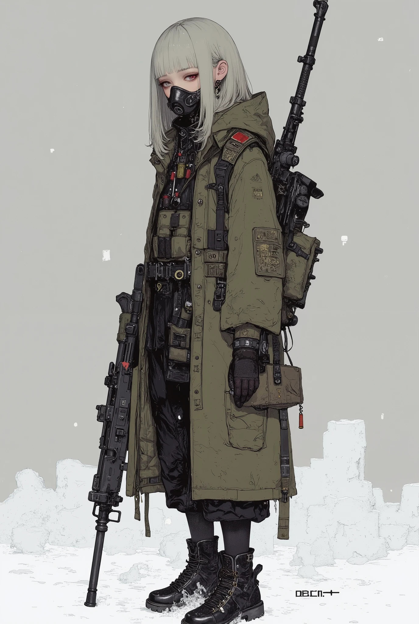 a man carrying a machine gun and a gun with both hands, of foot,full body,from side, winter,snow,science_fiction,cyberpunk boy,peel,long military coat,ammo belt, gas mask,  bulletproof vest,cargo pants,glove,,camouflage,digital camouflage,bright eyes,red eyes,supermodel,muscular
