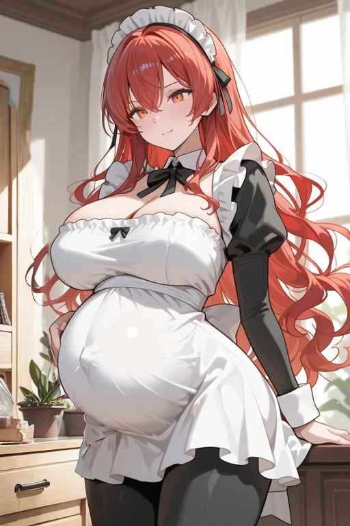 Pregnant goddess, nurse, white skirt, wavy red hair, wants to have sex with you, cleavage, beautiful, fishnet top, fishnet leggings, big ass