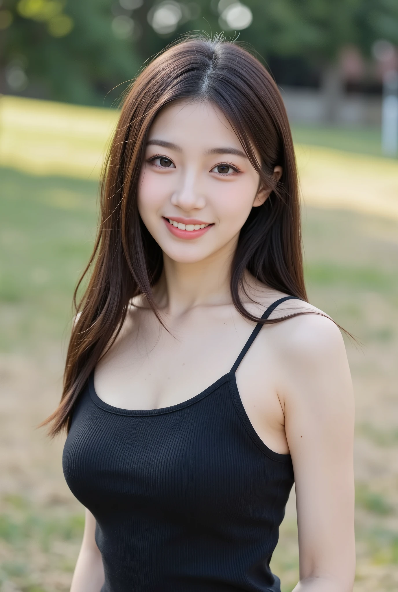 Portrait of 28 year old Chinese girl, long wavy hair, bangs, smiling, one person image, high quality, photorealistic, beautiful, influencer, sharp facial features, pretty eyes, looking slightly off camera, fashionable and trendy outfit