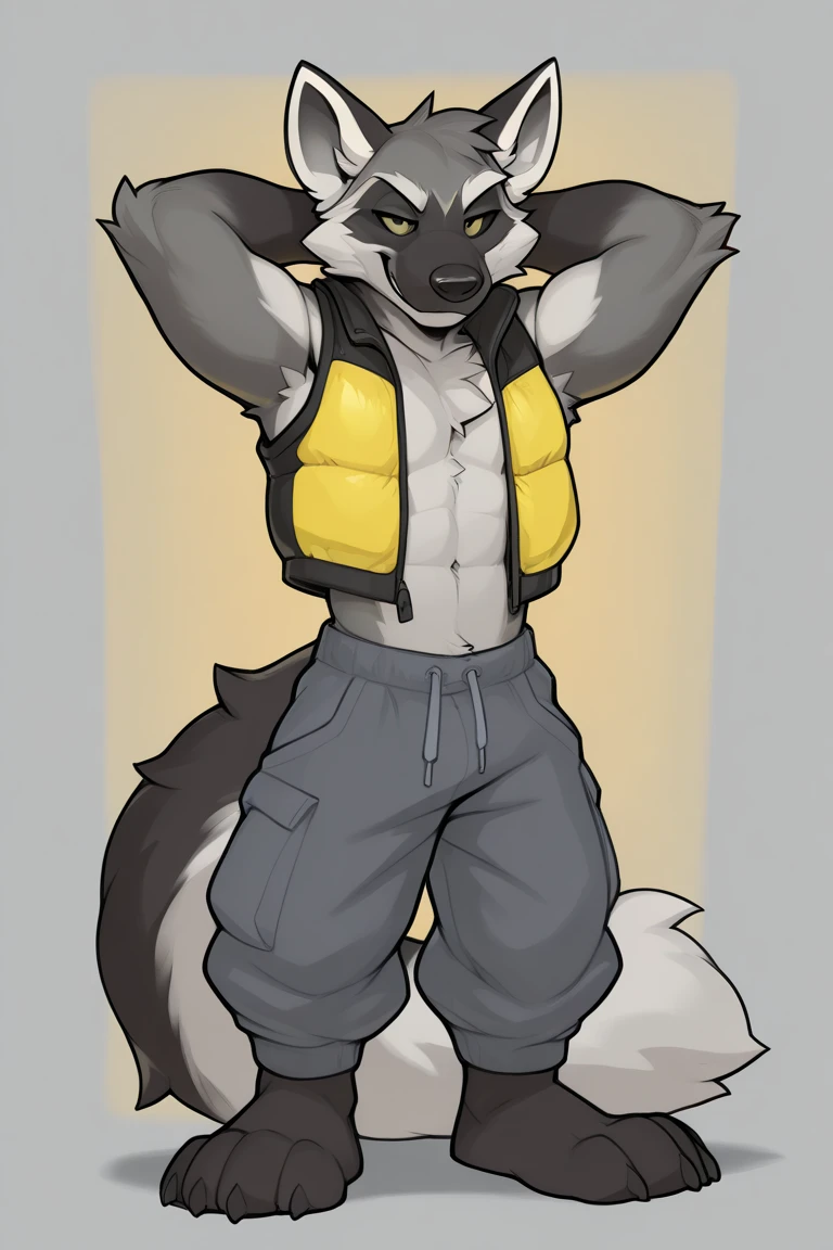 handsome, hyena, scruffy fringe, blue collar, eyes with a mischievous glint, blue eyes, good eyes, average build, small grin, foot paw (4 digits on paw), thick white briefs, white underwear, vibrant colours, sticker, cartoon style, (no background)