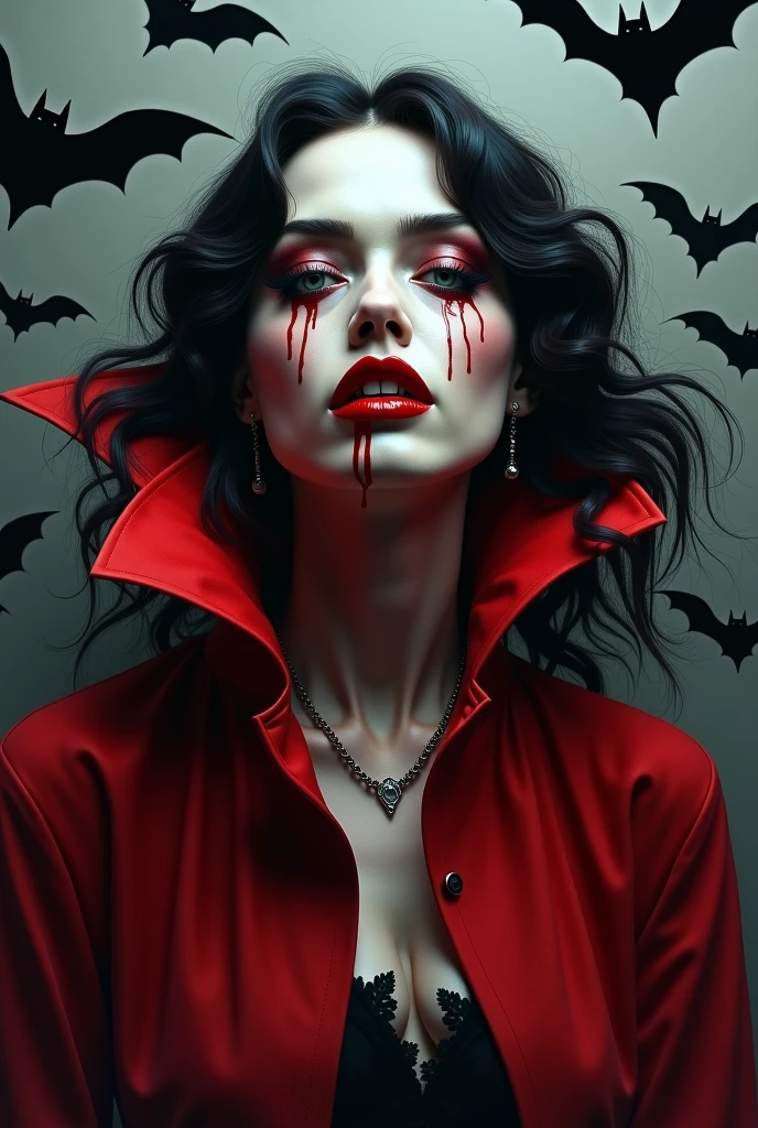 a portrait of vampire with a bloody tear coming down from he eye, an exotic beautiful female vampire, dynamic hair color, dynamic hair style, ultra detailed face, best detailed face, dynamic eye color, ((1single red teardrop, teardrop made of blood coming down from the eye: 1.3)),  Ultra-high resolution, High Contrast, (masterpiece:1.5), highest quality, Best aesthetics), 16K fantasy art, best details, best quality, highres, (ultra wide angle: 1.2), 16k, [ultra detailed], masterpiece, best quality, (extremely detailed), ladyshadow, magical sky, crying style