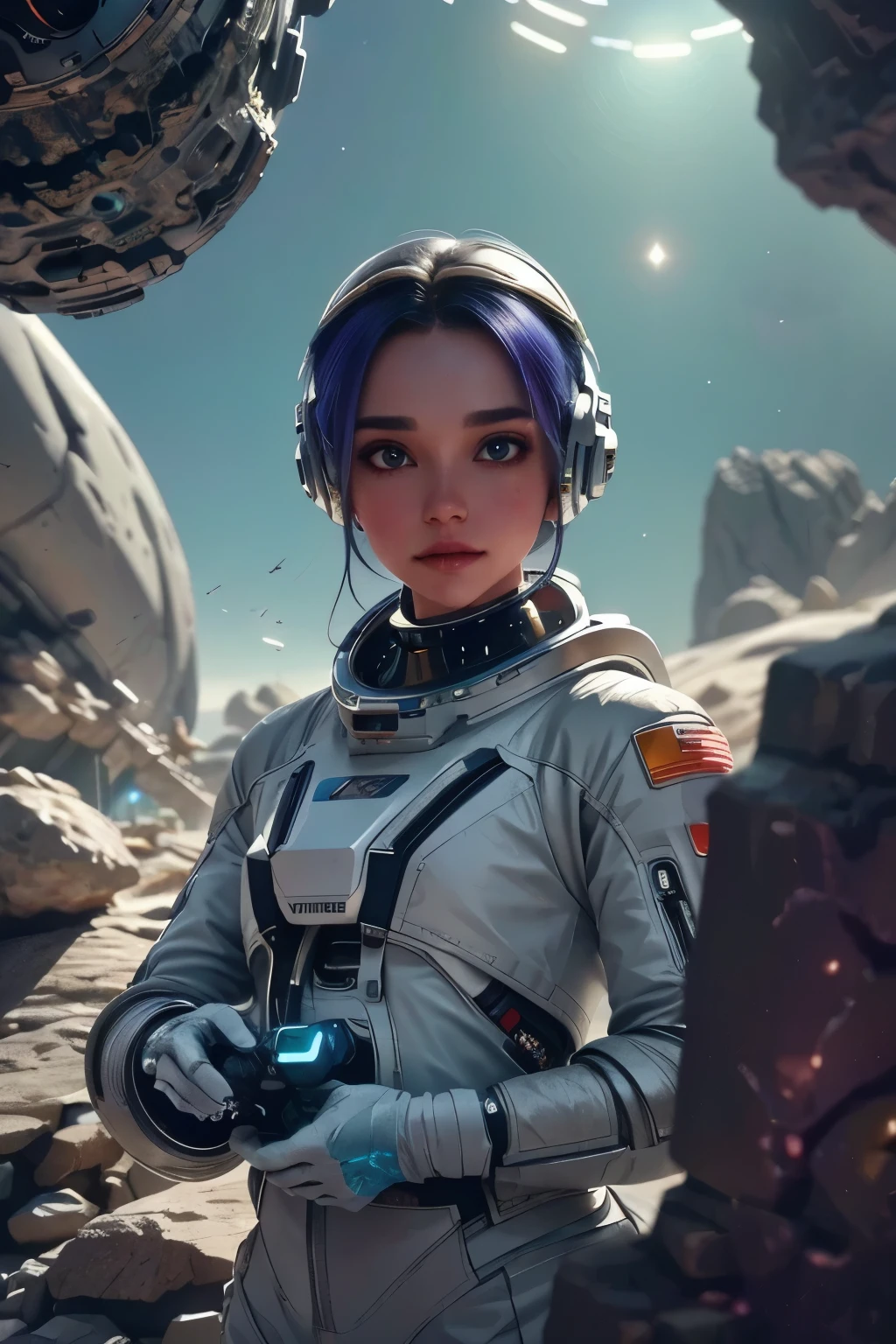 a futuristic space exploration scene, wearing a white spacesuit, beautiful detailed eyes, beautiful detailed lips, extremely detailed face, long eyelashes, astronaut holding a high-tech device, advanced alien spacecraft in the background, floating rocks and debris, colorful nebula, digital art, cinematic lighting, vibrant colors, dramatic atmosphere, highly detailed, 8k, photorealistic, concept art style