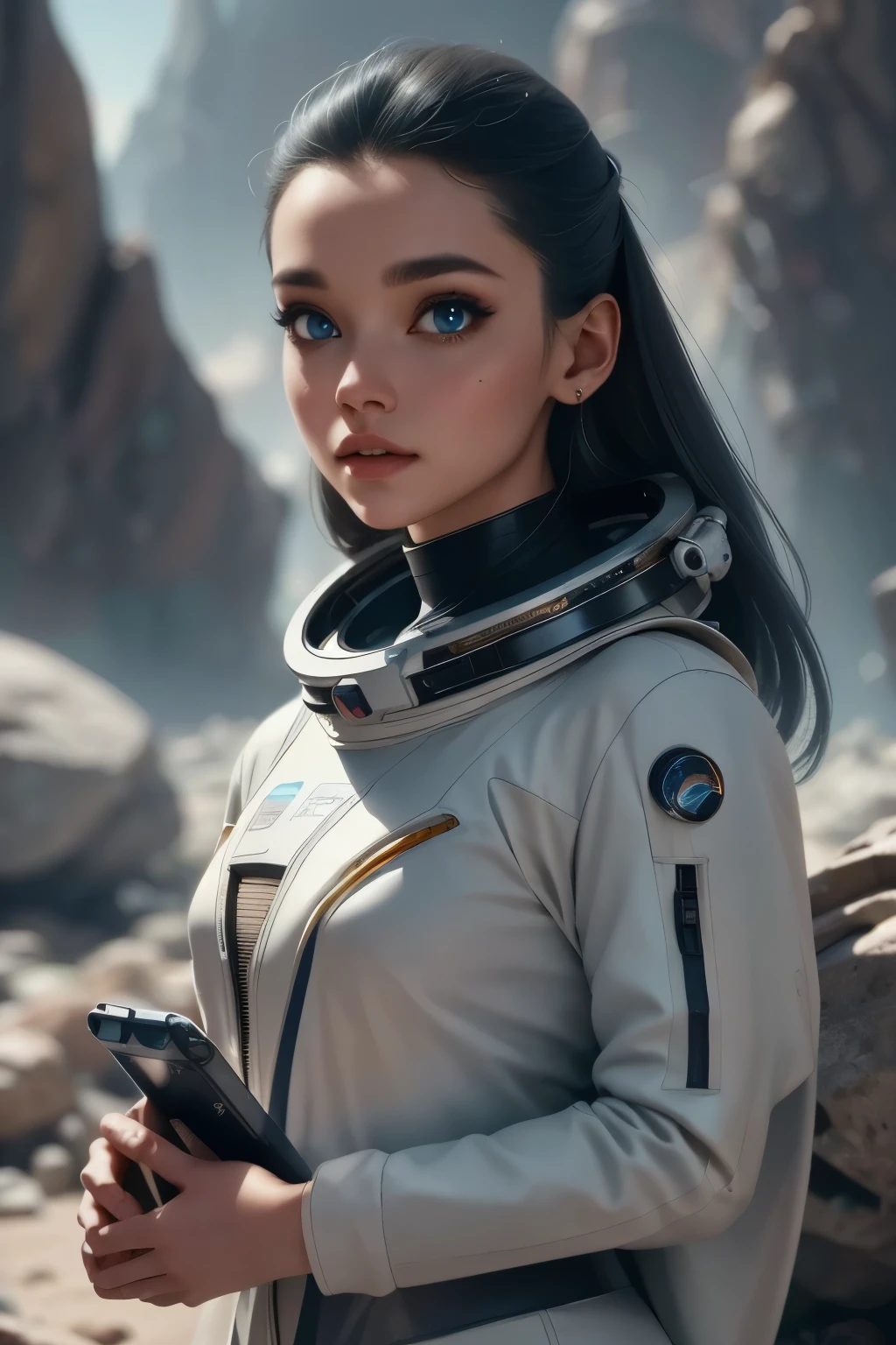 a futuristic space exploration scene, wearing a white spacesuit, beautiful detailed eyes, beautiful detailed lips, extremely detailed face, long eyelashes, astronaut holding a high-tech device, advanced alien spacecraft in the background, floating rocks and debris, colorful nebula, digital art, cinematic lighting, vibrant colors, dramatic atmosphere, highly detailed, 8k, photorealistic, concept art style