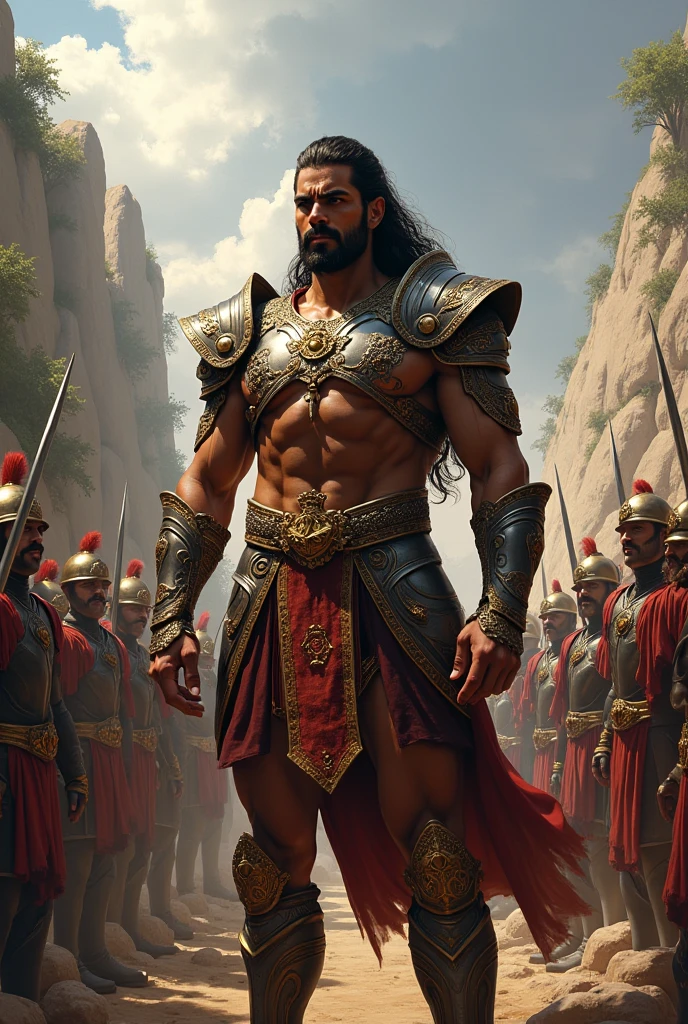 (a group of muscular, highly-trained Spartan warriors with bronze armor and red cloaks),powerful shields, gleaming spears, a mountainous battlefield, intense sunlight, dust and smoke swirling in the air, a sense of determination and bravery in their eyes, the sound of clashing weapons and shouting commands, a fiery sunrise in the background, a mighty Spartan king leading the charge, a flag with the Spartan emblem waving proudly, an atmosphere of honor and glory, the feeling of unity and brotherhood among the warriors, a fierce battle against countless enemies, the Spartans standing their ground with unwavering strength and courage, the ground trembling from the impact of their footsteps, a legendary tale of resilience and sacrifice, a triumph against all odds, an everlasting symbol of bravery in the ancient world, a tribute to the indomitable spirit of the Spartans. (best quality, high-res, realistic), vibrant colors with a touch of warmth, dramatic lighting, every detail meticulously portrayed, a masterpiece in the making.