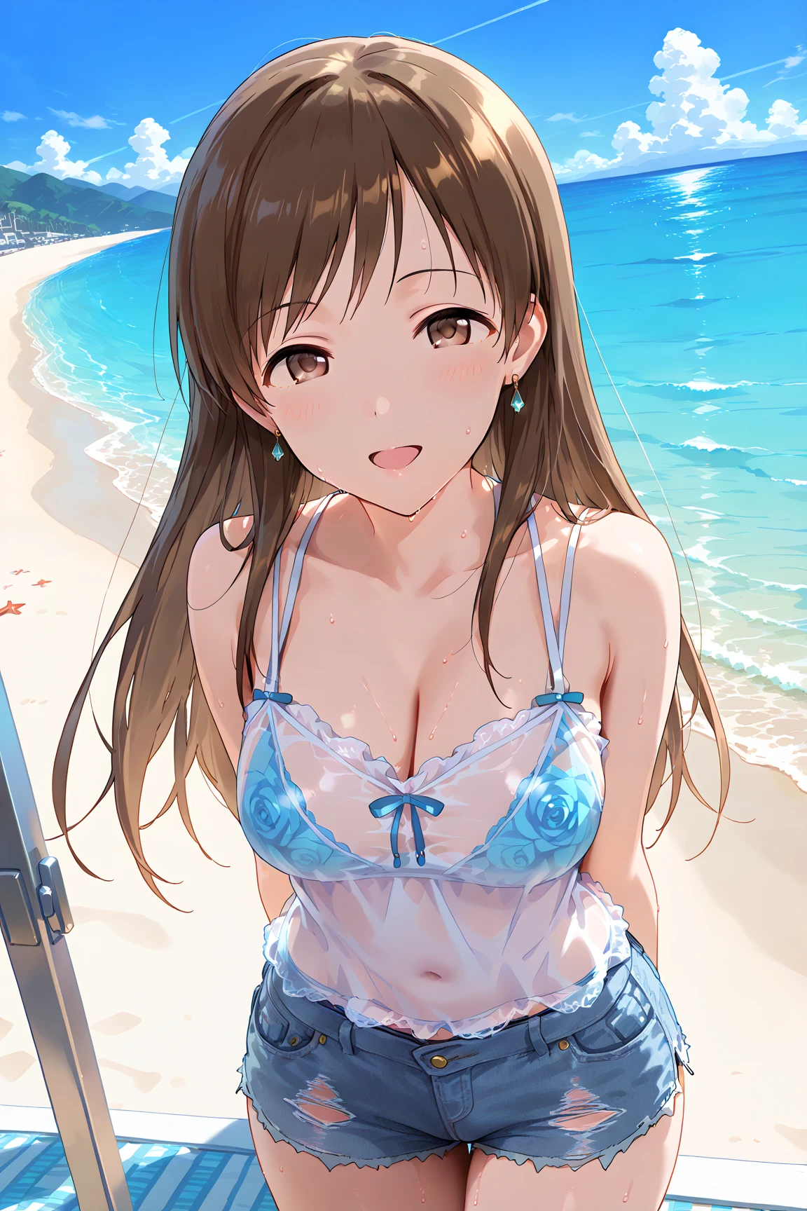 Upper body portrait、Hollow eyes、smile、Waikiki Beach、hula、Brown Hair