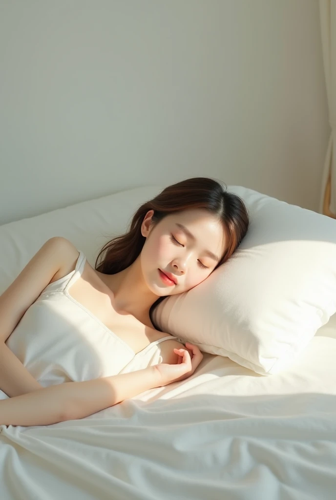 Highest quality, Face Focus, Soft Light, Ultra-high resolution, (Realistic:1.4), RAW Photos, 1 Japanese girl, alone, cute, Beautiful face in every detail, (Small box),(High resolution detail of human skin texture), (Short Hair), indoor,Sector underwear, (Portraiture)、Sleeping on the bed