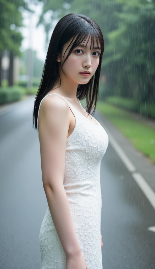 (Best quality, 8k, 32k, Masterpiece, UHD:1.2),Photo of Pretty Japanese woman, 1girl, (medium-short dark brown hair), double eyelid, large breasts, breast cleavage, naked with sexy white shirt, wet body, wet hair, sitting on street, sexy face, look at viewer, rural road, heavy rain, nipples, from below