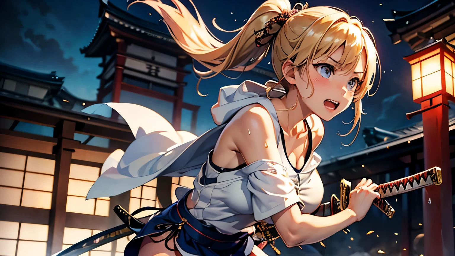 ( top quality)), ((masterpiece)), ( are familiar), Perfect face, Shiny Skin, beautiful breasts, Kyoto animation style illustration, Shiny Skin、 hoodie、 tanned skin 、sweat、 off the shoulder、Floral swimsuit、 double teeth
、 young、 big breasted with a cross eye、 Hug、hot spring、Dark Skin、close、Nearby、(((having Japanese sword、battoujyutsu)))、 knight 、 blond