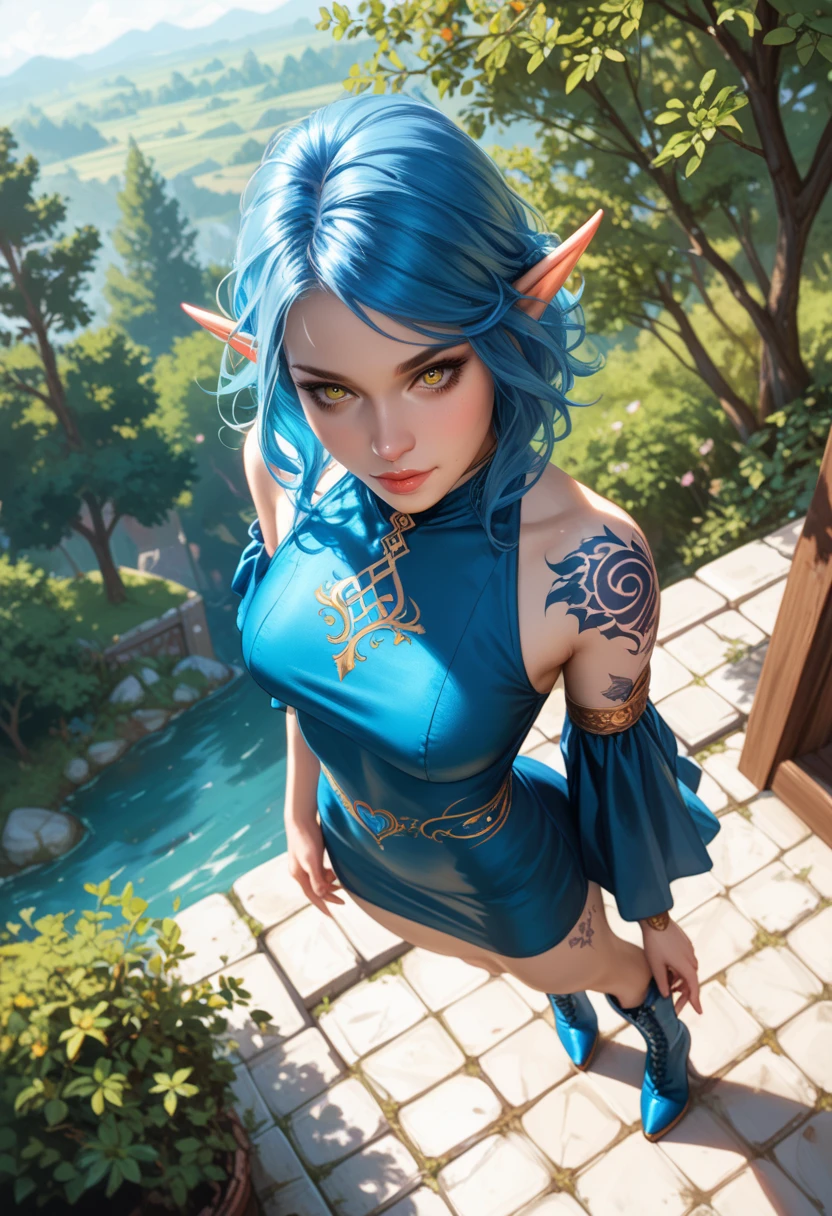 beautiful women Bella Hadid with blue hair in the image of a blonde witch, long wavy hair in pony-tail, a bright sorceress, a beautiful feminine figure,Final Fantasy,ancient castle,nude, beautiful body, big breast, blooming garden in the background, sitting in a stone bath. Beautiful body,night.