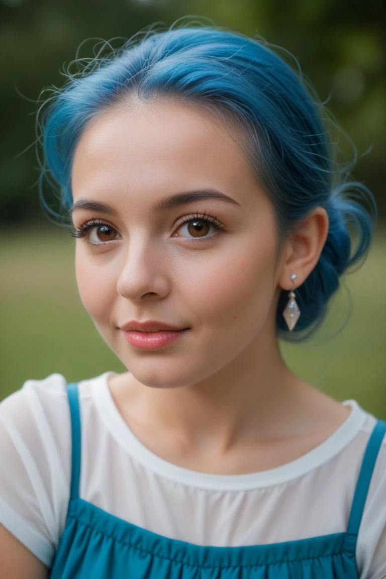 a woman with breathtaking blue hair. Your hair is a wonderful cascade of red strands that fall in gentle waves around your shoulders. Ela tem um rosto encantador, com sardas que adornam suas bochechas, nariz e ombros, enhancing its natural beauty. His eyes are amber in color, And they shine with a mixture of curiosity and mystery. Her skin is pale and flawless, criando um contraste deslumbrante com seu cabelo vermelho. She's wearing a sun dress with floral prints, that complements her appearance and makes her look radiant. She's in a field of wildflowers, banhado pela luz dourada do sol poente, criando uma cena de beleza natural e serenidade
