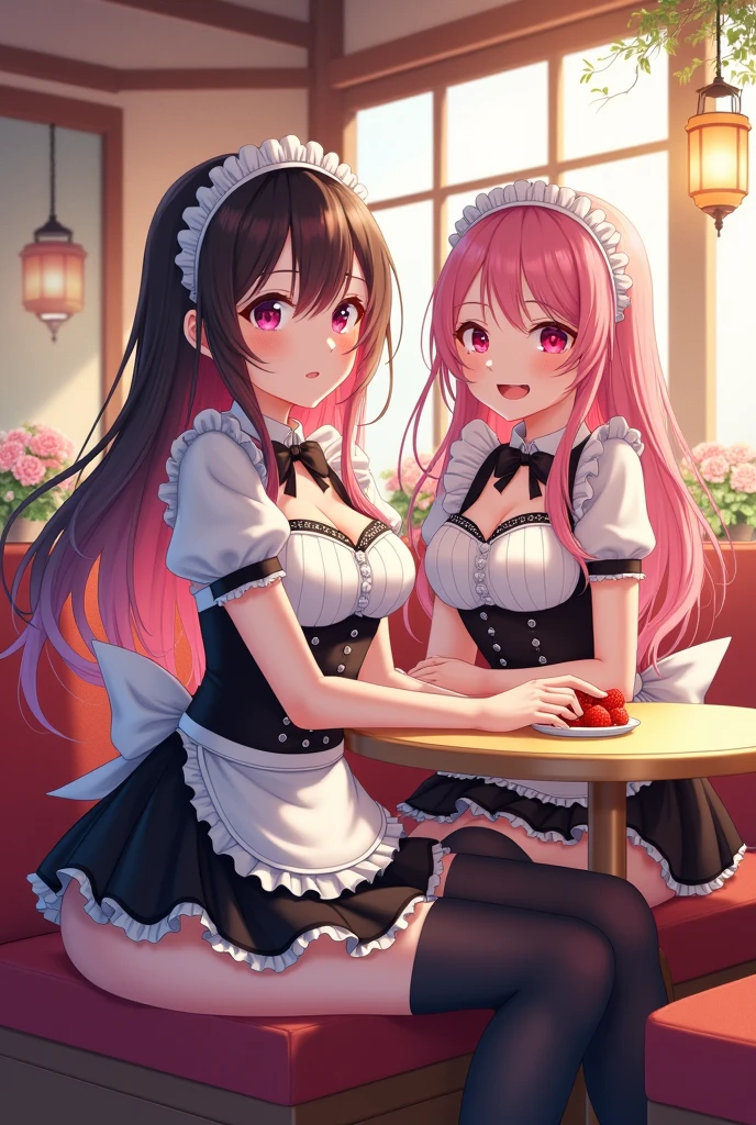 highest quality, masterpiece, ((2 girls:1.5)), ((smile:1.3)), (blush:1.3), Black Shirt, blouse, ((fun!!)), (Small breasts), Blonde, (Long sleeve), ((White apron:1.5)), ((Maid)), ((hair ornaments)), Kamimei, look at me, ((in house:1.5)), Taking a break from watching the audience, Cowboy Shot, (Skirt lift:1.3), (Highly detailed pink striped panties:1.3), (Highly detailed panties:1.3), (スカート that rolls up:1.3), (Panties fully exposed:1.5), Light blue eyes, long hair, Glowing Eyes