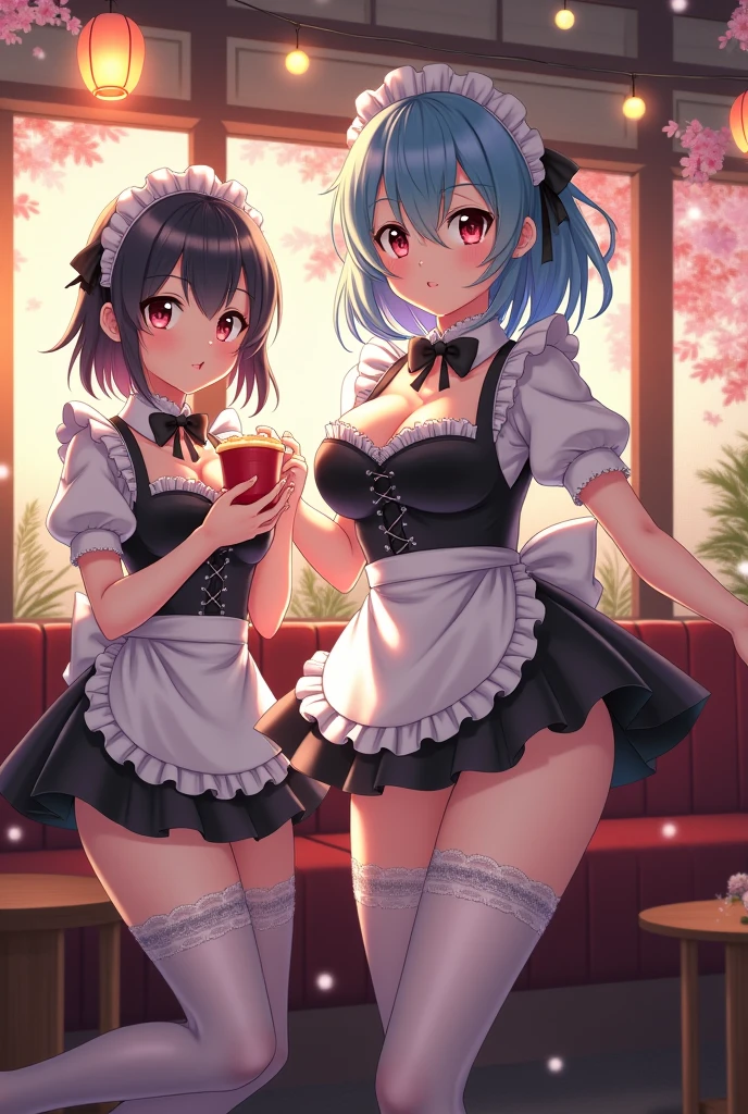 NSFW,masterpiece,Highest quality,High resolution,Super detailed,marnie_\(pokemon\),Aqua Eye, Black Choker, Red ribbon,Classic maid outfit,mini skirt,Headdress,Small breasts,Be nervous,blush,Coffee shop