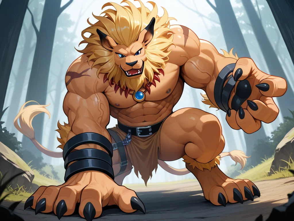 Furry, Kemono, Leon, Leomon, Digimon, (Solo), Bigg Ass, Male Bulge, masculine, Full body, Feet, (Anime Blue Eyes), (Perfect Eyes), Braided Mane, Black leather harness, Spiked Anklet, (White fitted fundoshi), (White string thong), (Fundoshi de color Blanco) , (green forest background), High Resolution, 4K Detailed, Good Lighting, Beautiful, Photorealistic, Realistic, (Japanese tight fundoshi), (White Tight male Thong), tail, Lion tail, black claw nails, Big Scar on left shoulder