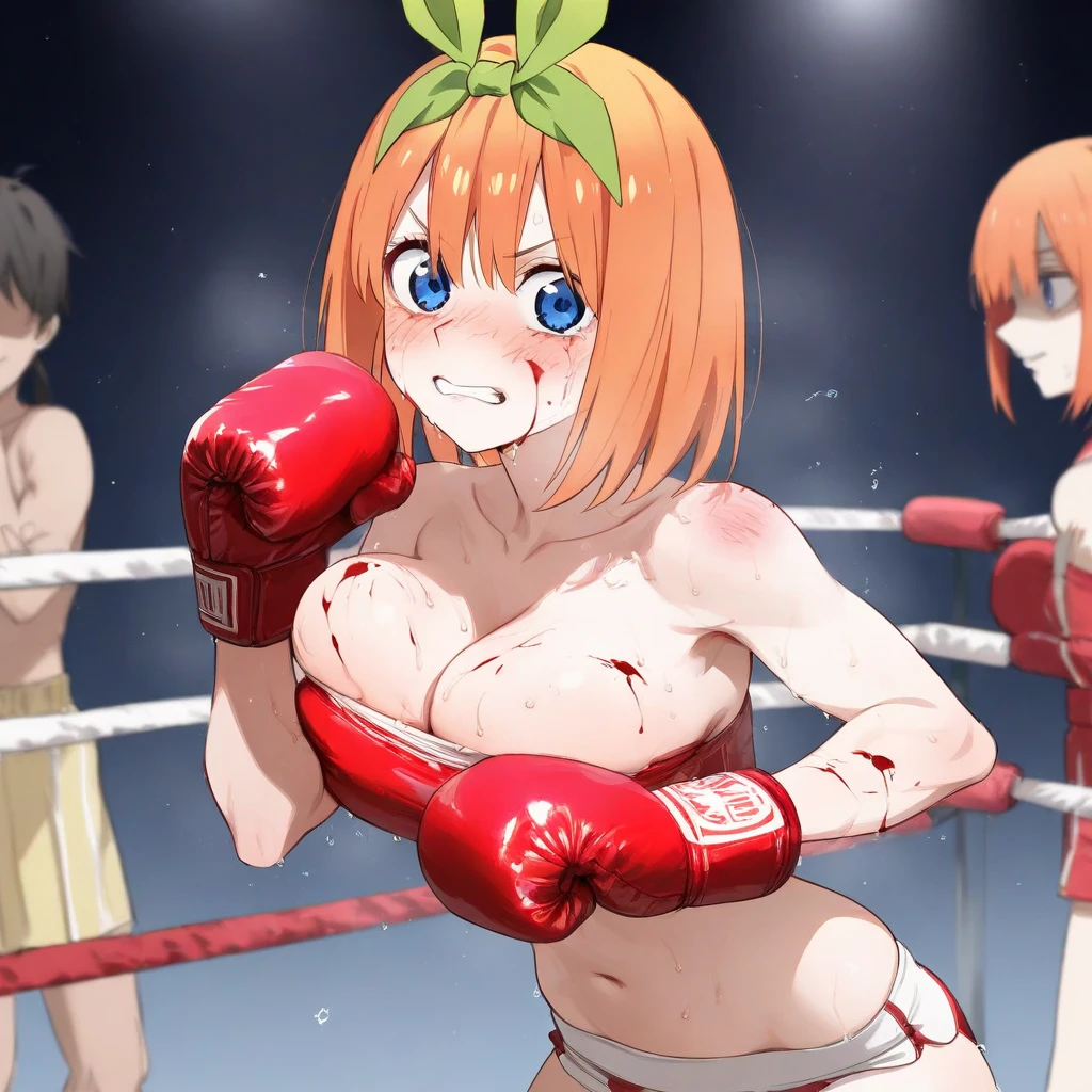 Masterpiece, sksrin, beautiful , facial details, 8k wallpaper, Rin Hoshizora Love Live, short hair, white gym bra, micro shorts , wrestling outfit,(lipstick:0.8), (face paint), defeated, beaten up, moist skin,thin waist ,short girl, skindentation , looking away, swelling bruises in face ,sad, drooling , torn clothes,top strap off, tears in eyes , mouth bleeding