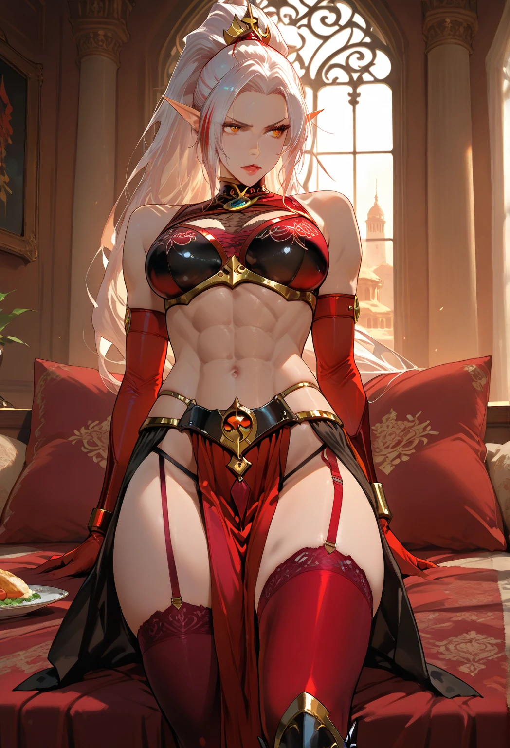 (Edelgard von Hresvelg, white eyelashes and long hair, purple eyes) elegant adult female, crown, turtleneck, full body sitting on a bench, showing ass to me, RED breastplate, RED skin (1SologirlRED skin:1.2), looking at viewer, shiny, armor, thigh highs, high boots, pauldrons shoulder armor, faulds, poleyn, RED gloves gauntlets, rerebrace, RED military armored boots, yordle muscular lean platinum blonde long twin tails hairstyle at the bedroom lustful smirking smile face red blushed, blush, strong abs, female body builder, tiara, twin drills hair, (masterpiece, best quality, ultra detailed, best shadow)