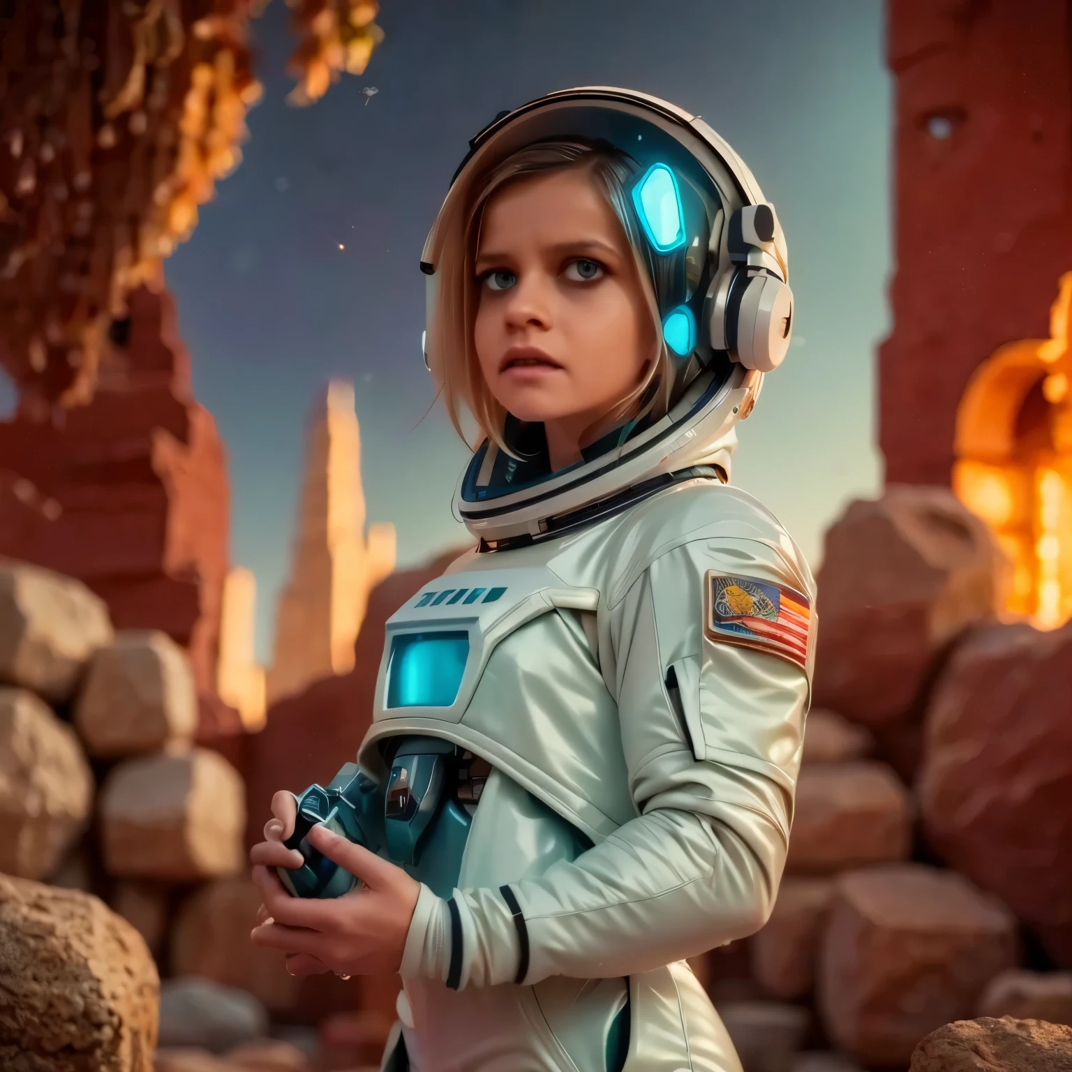 a futuristic space exploration scene, wearing a white spacesuit, beautiful detailed eyes, beautiful detailed lips, extremely detailed face, long eyelashes, astronaut holding a high-tech device, advanced alien spacecraft in the background, floating rocks and debris, colorful nebula, digital art, cinematic lighting, vibrant colors, dramatic atmosphere, highly detailed, 8k, photorealistic, concept art style