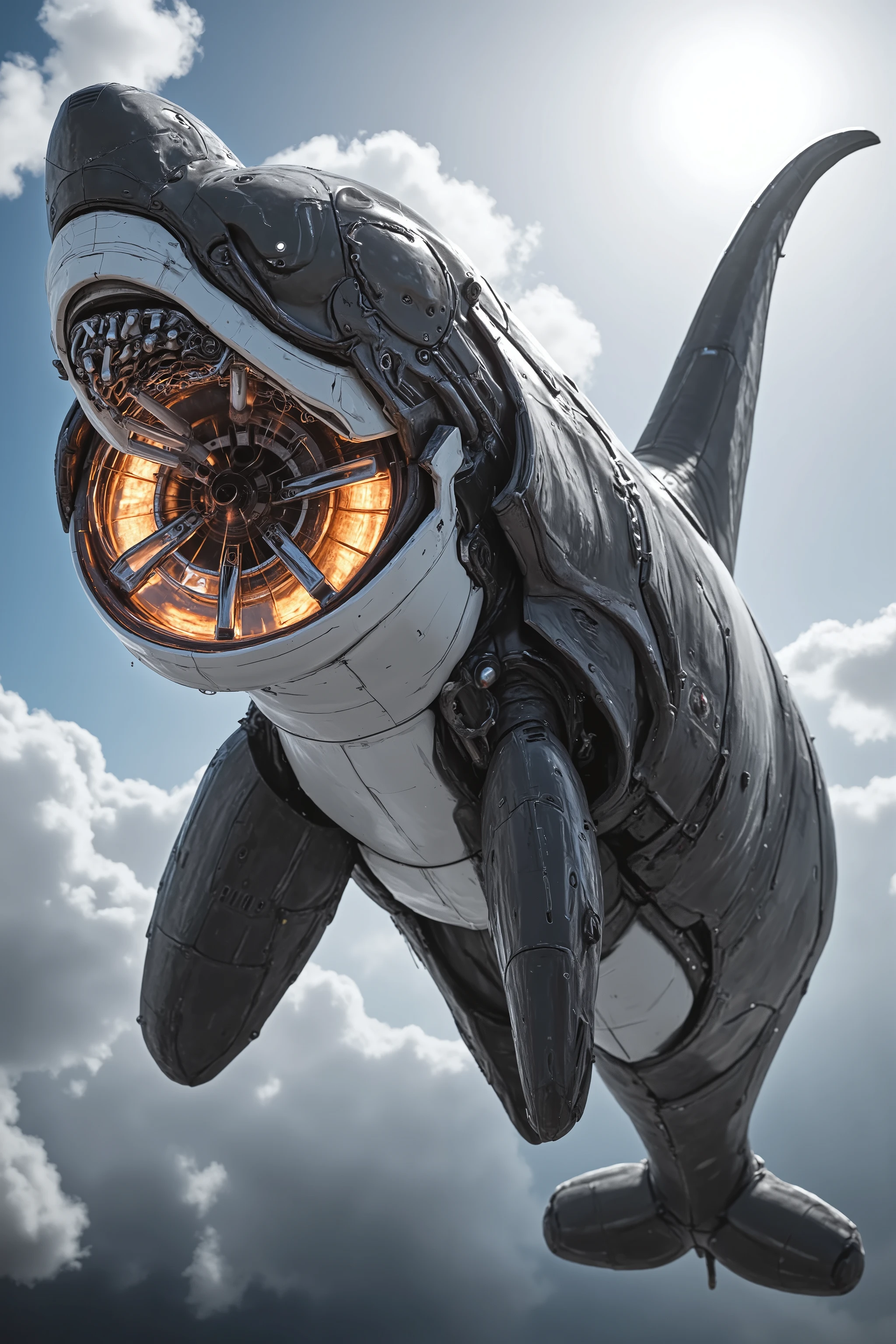A gigantic orca whale with a large Dangerous Killer rotary propeller engine on the orca's nose, rotating the propeller blades extremely fast, speeding up the Propeller Blurring Revving emitting fire with black diesel smoke from the orca's fin, on the top of the Orca Revving like an exhaust pipe doing a burnout on the road Extremely fast begins Soaring up to the sky like an airship, ray tracing, UHD, 16k, DSLR, masterpiece, photorealistic, award-winning