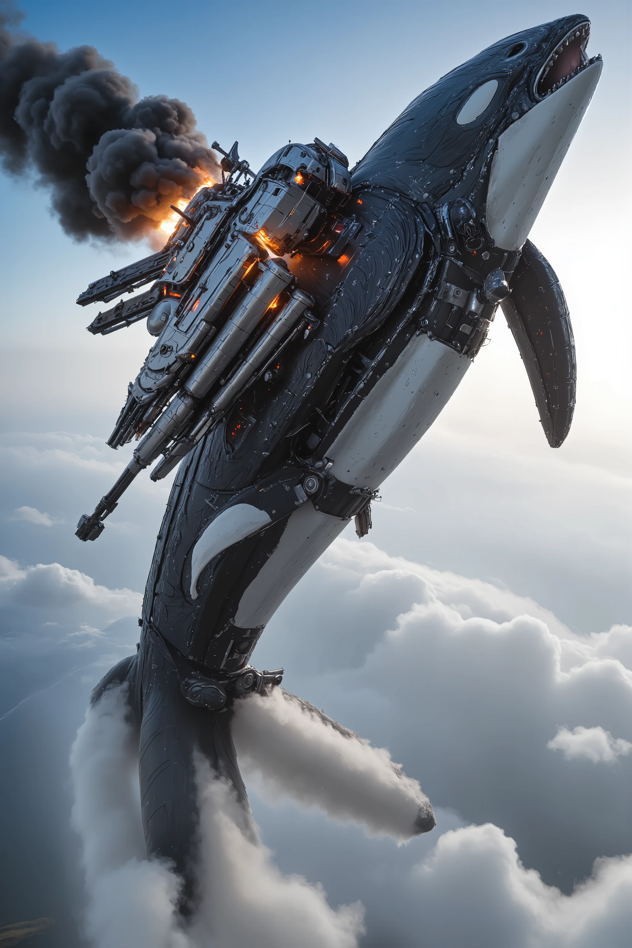 A gigantic orca whale with a large Dangerous Killer rotary propeller engine on the orca's nose, rotating the propeller blades extremely fast, speeding up the Propeller Blurring Revving emitting fire with black diesel smoke from the orca's fin, on the top of the Orca Revving like an exhaust pipe doing a burnout on the road Extremely fast begins Soaring up to the sky like an airship, ray tracing, UHD, 16k, DSLR, masterpiece, photorealistic, award-winning