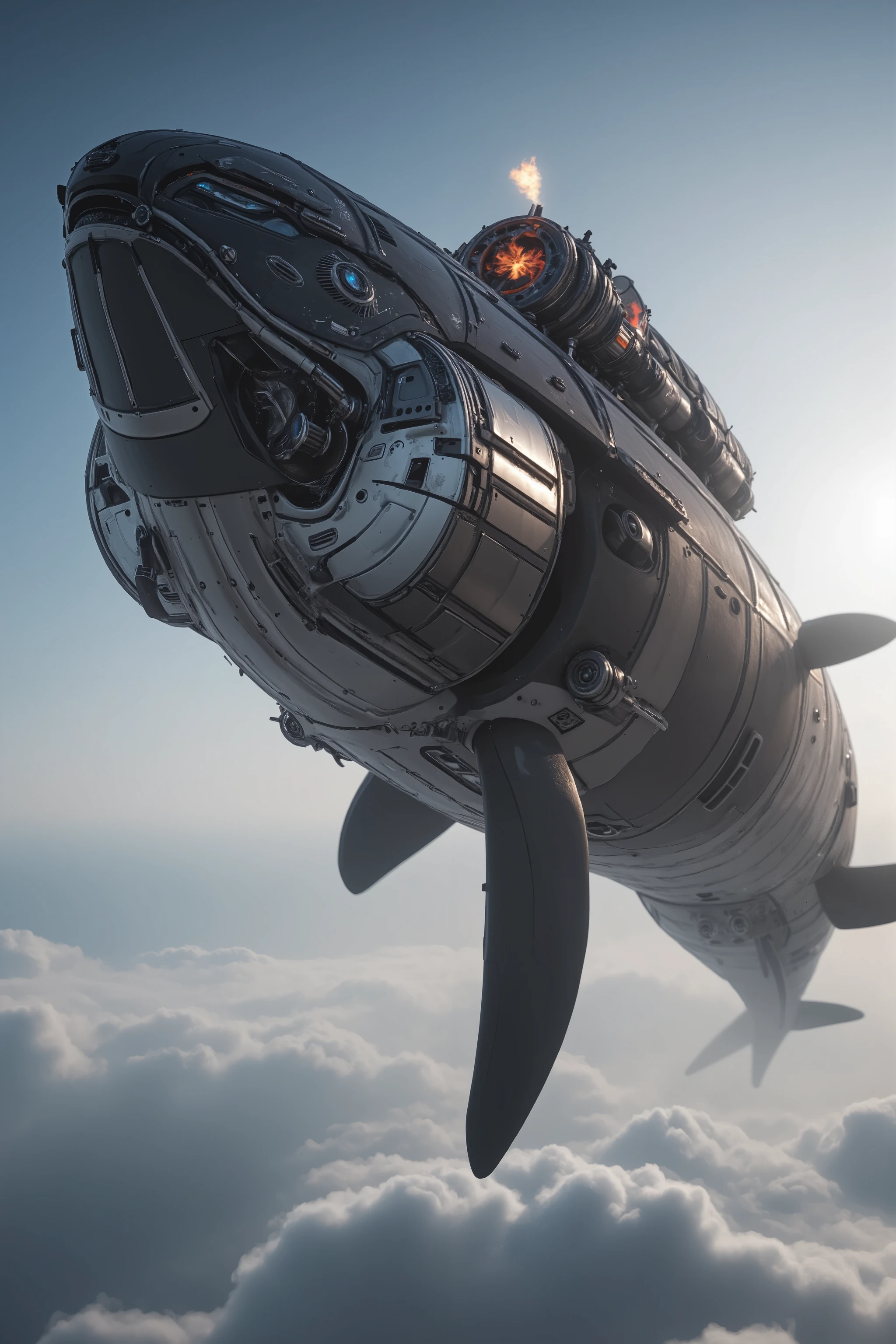 A gigantic orca whale with a large Dangerous Killer rotary propeller engine on the orca's nose, rotating the propeller blades extremely fast, speeding up the Propeller Blurring Revving emitting fire with black diesel smoke from the orca's fin, on the top of the Orca Revving like an exhaust pipe doing a burnout on the road Extremely fast begins Soaring up to the sky like an airship, ray tracing, UHD, 16k, DSLR, masterpiece, photorealistic, award-winning