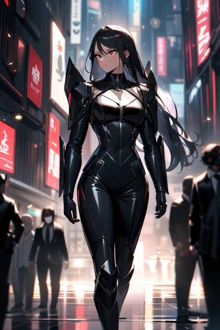 absurdres, masterpiece, best quality, ultra detailed, high quality, illustration, beautiful detailed girl, extremely detailed eyes and face, beautiful detailed nose, beautiful detailed eyes, perfect anatomy, soft light,
latex bodysuit, 1girl, black bodysuit, low ponytail, black hair, blue eyes, (latex:1.2), large breasts, solo, detailed face, looking at viewer, city, cyberpunk, night, dark, light rays, (latex pleated long skirt:1.2), latex cape, latex gloves, hair ribbon, (latex mouth mask:1.2),
full body, standing, looking at viewer, street, city, (night, night sky), science fiction, (tesomu:1.2) <lora:tesomu-lycoris-anything-v5-base:0.8>