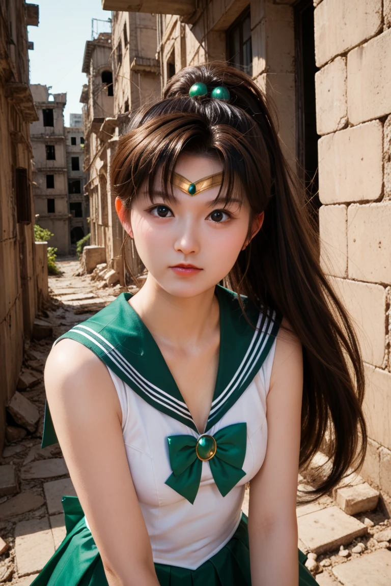 (masterpiece, best quality:1.4), (full body:1.5), (standing), 1girl, solo, hmjupiter, (green eyes:1.2), ponytail, (tiara:1.2), jewelry, (sailor senshi uniform:1.5), green sailor collar, choker, elbow gloves, white gloves, pink bow, brooch, white leotard, green skirt, pleated skirt:1), beautiful face, highly detailed face, highly detailed eyes, highly detailed skin, skin pores, subsurface scattering, realistic pupils, medium breast, sexy smile, full face blush, full lips, sakura trees background, subsurface scattering, detailed background, depth of field, volumetric lighting, sharp focus, absurdres, realistic proportions, good anatomy, (realistic, hyperrealistic:1.4), 16k hdr,