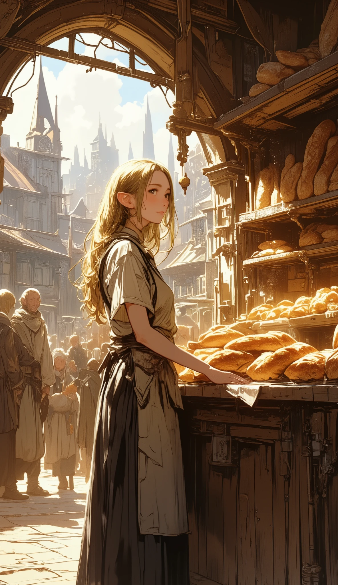 A lively medieval marketplace bathed in warm sunlight. In the foreground, a slender, graceful elven woman with long, flowing blonde hair stands behind a rustic wooden bread stall. She’s wearing a simple yet elegant apron over her light tunic, her delicate hands gently holding a fresh loaf of bread. Her face radiates warmth and kindness as she smiles at passing customers. The shelves around her are filled with various types of bread — crusty loaves, golden rolls, and twisted pastries. The background features bustling townsfolk, ornate stone arches, and sunlit rooftops of a bustling medieval cityscape, adding life and vibrancy to the scene.