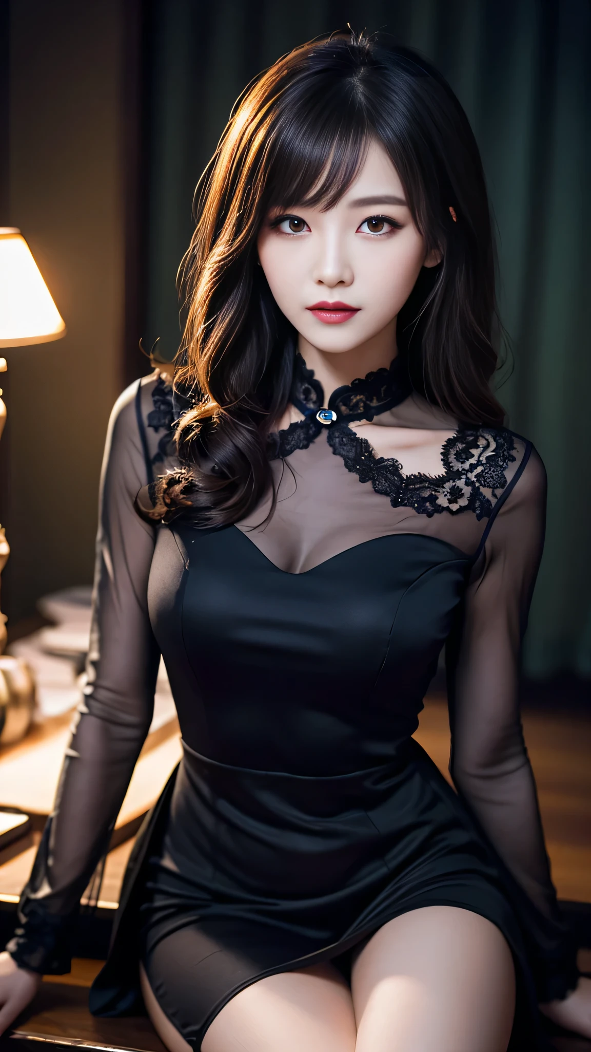 Super detailed、Japanese、charming beauty、seductive adult woman、Beautiful woman、sharp eyes、cool girl、wavy hair、suit、Black chiffon、lace fabric、wide sleeve、wearing a lace insert dress、white blouse、Tight Skirt、Lustrous legs、evilの幹部、evil depravity、brainwashing、Mind control、lipstick、grin、evilな表情、evil、empty eyes、evil、church at night、vampire、evil woman、vampire、lure、meanwhile、look down、