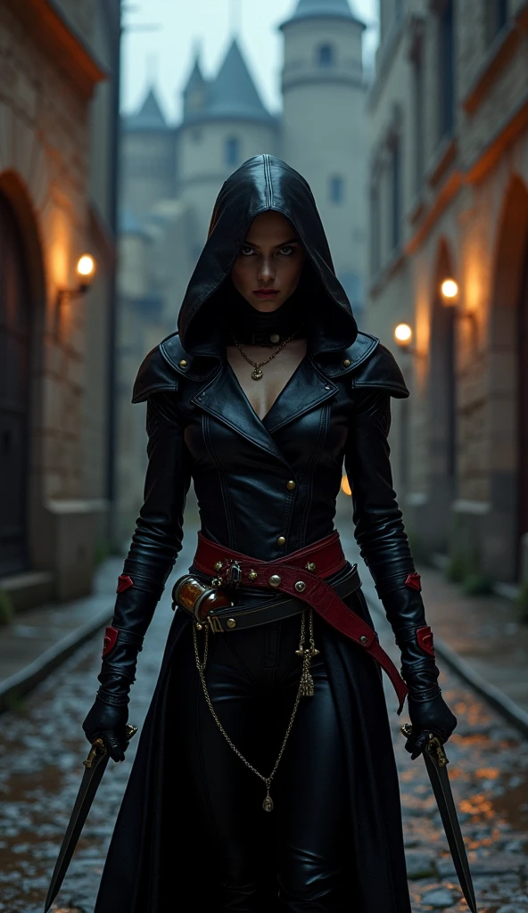 Little red riding hood transformed into an assassin from Assassin's Creed. shed her traditional cape, donning a sleek, black hooded outfit. Her red riding hood became a hood with pointed ends, blending into the shadows. She bore the insignia of the Assassin's Creed, a hidden leaf, on the hidden part of her hood. Her eyes sharpened, reflecting the intensity and focus of a highly skilled assassin. Her face, once innocent and rosy, was now masked by a veil of mystery and danger. Her lips were pressed into a thin line, her gaze unwavering, her demeanor cold and calculated. Her figure was lithe and