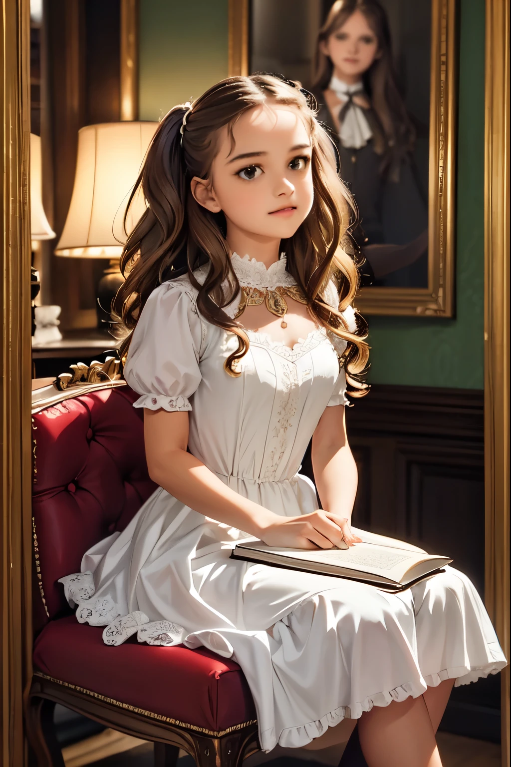 A warm, golden light illuminates a cozy parlour setting in the Victorian era. Three normal young girls, dressed in frilly, high-necked gowns and puffed sleeves, sit together on a plush armchair. The eldest, with curly brown locks, holds a worn leather-bound book, while her companions, sporting matching blonde ringlets, gaze up at her with admiration. The backdrop is a rich, dark wood paneling, adorned with ornate mirrors and intricately carved furniture. Soft, gentle shadows dance across the scene as the girls' laughter and whispers fill the air.