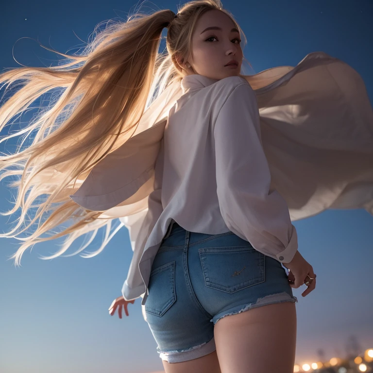 (Upscale variant Remove background generated data tips Upgrade 8K, Masterpiece, RAW photo, Best quality, Photorealistic, Extremely detailed Cg Unity 8K wallpaper, Depth of field, Cinematic light, Lens flare, Ray tracing), (Extremely beautiful face, Beautiful lips, Beautiful eyes), intricate detail face, ((ultra detailed skin)) 1girl, In the dark, deepshadow, Pretty Japanese girl, Japanese young woman,(Very slim body), ((view the viewer)),(Big smile), (Parking outside a mall, (sunny day, sunlight), (The background is blurred out), (No one is in the background), Pretty japanese girl, Clear eyes, standing, leaning forward, from behind, low_angle_human, full body shot, from below, underbutt shot, thick butt, (Pale skin), perfect hands, looking back, (Big eyes), urban beanie hat, ((Grey Sweat shirt, Denim Shorts)), (Shape), (Wavy blonde hair), (view the viewer),((smile))