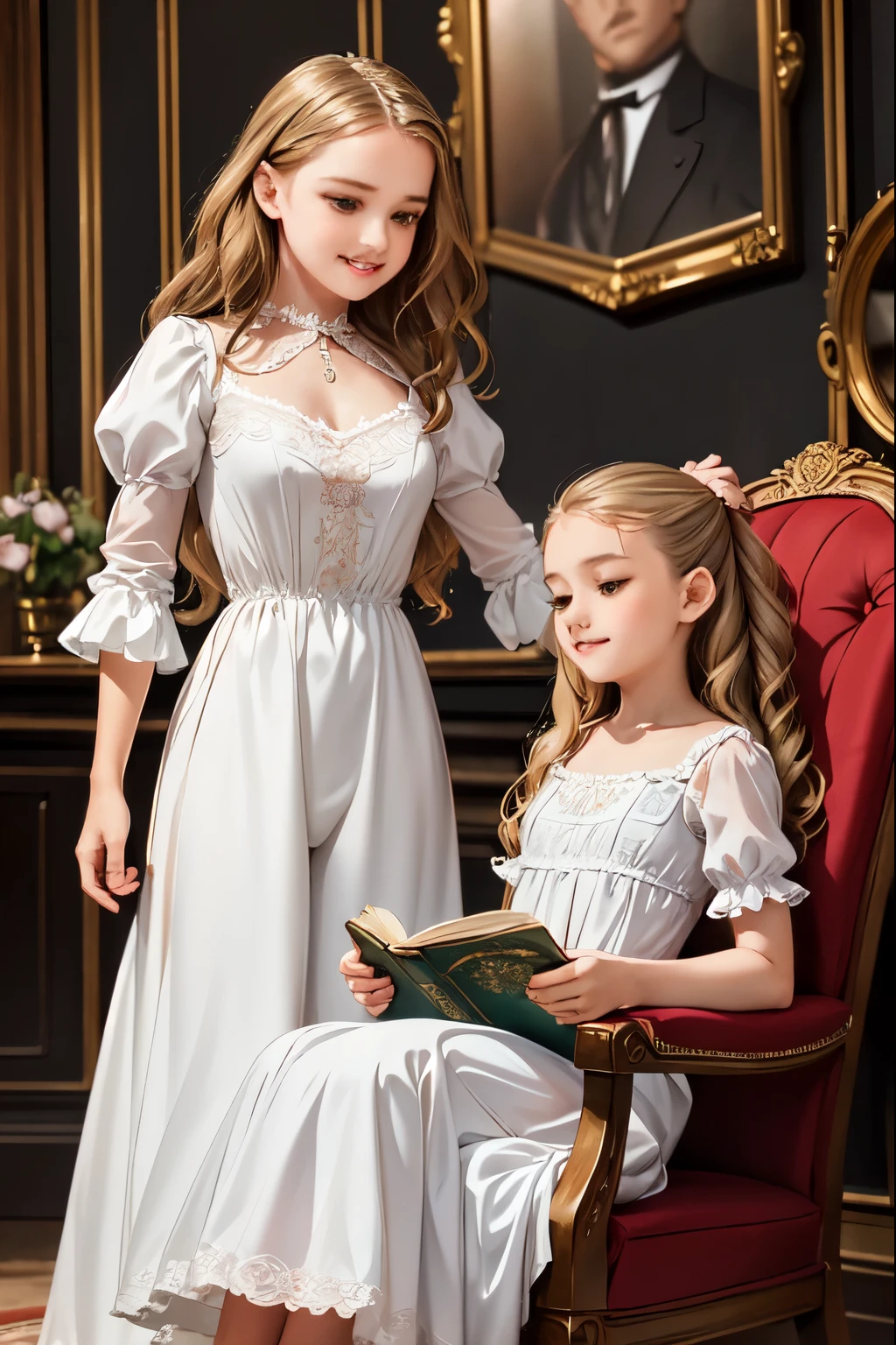 A warm, golden light illuminates a cozy parlour setting in the Victorian era. Three normal young girls, dressed in frilly, high-necked gowns and puffed sleeves, sit together on a plush armchair. The eldest, with curly brown locks, holds a worn leather-bound book, while her companions, sporting matching blonde ringlets, gaze up at her with admiration. The backdrop is a rich, dark wood paneling, adorned with ornate mirrors and intricately carved furniture. Soft, gentle shadows dance across the scene as the girls' laughter and whispers fill the air.