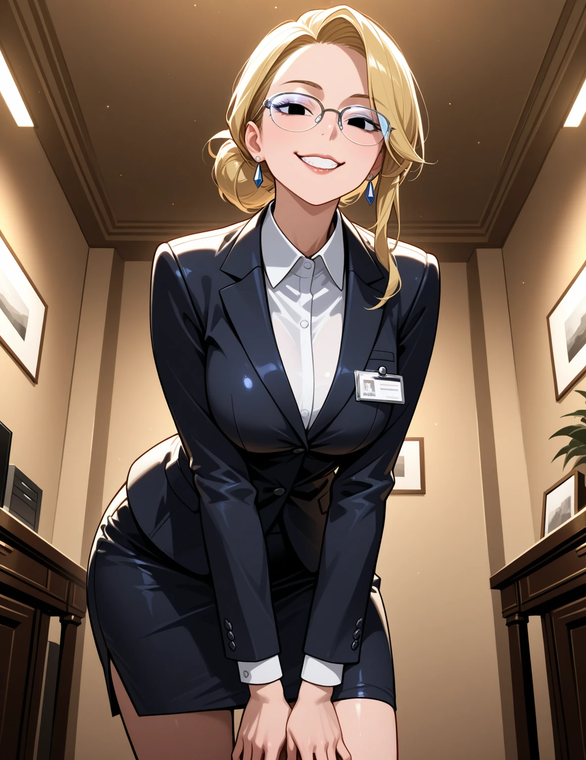 Woman in a business suit, curvy, busty, evil smirk, dominant stare, thick thighs, view from below, presenting her butt, lifting her skirt
