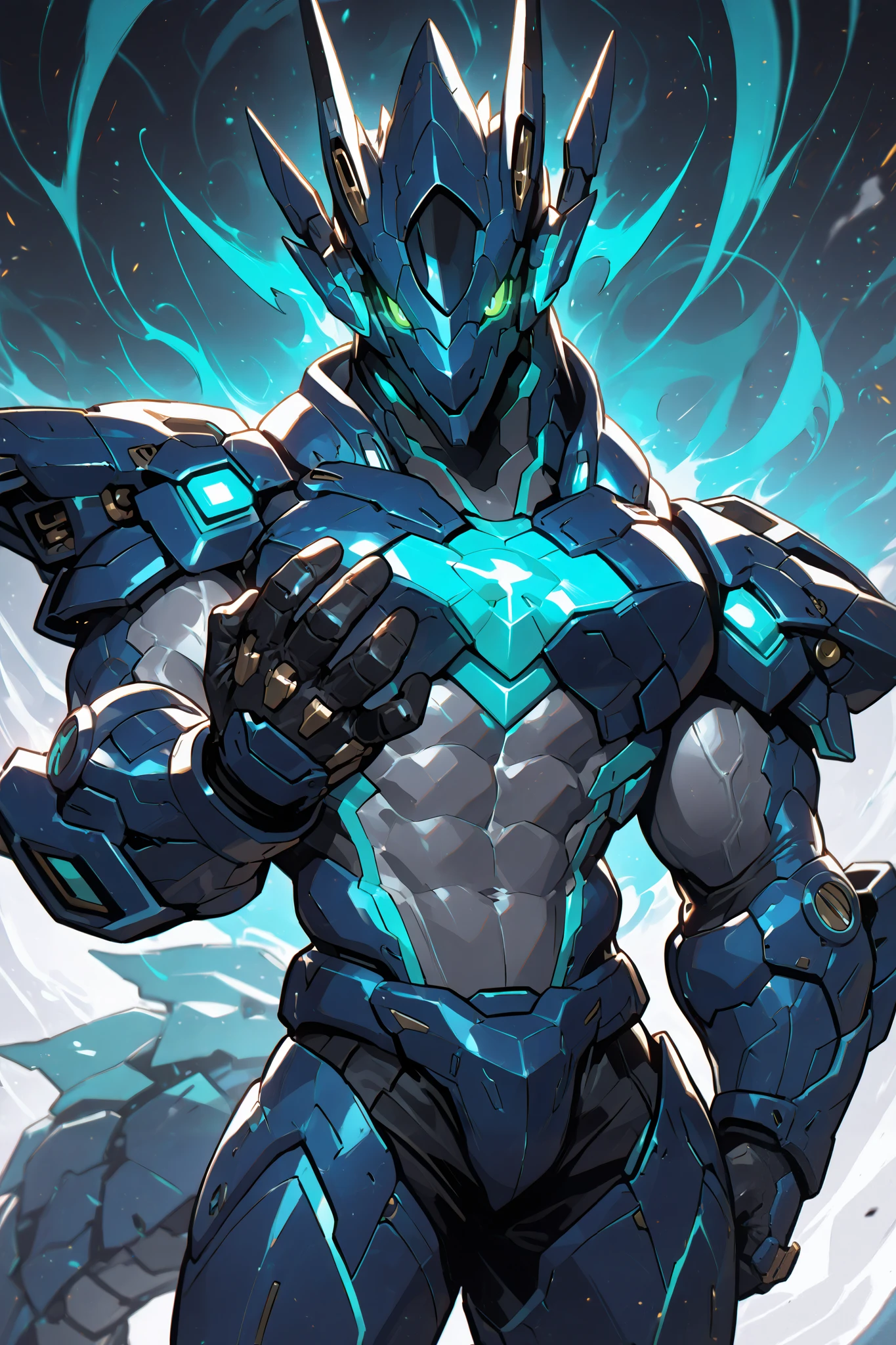 solo, silhouette, shadow of Male Dragon Anthro Mecha Suit, Masculine character, In A Blue Mech with green details, wallpaper quality, on a loading screen, solo, aura, (((From waist up))), ((Chest up)), (Male Dragon Anthro Body, Mechanical Appearance), sinister stare, neon lighting, glowing trimming, glowing edges, Green Mech Eyes, Green sclera, glowing eyes, (Athletic muscles:1.5), Mecha Suit, masterpiece, Male Dragon Anthro Mech, plain white background, correct anatomy, correct hands, best quality,